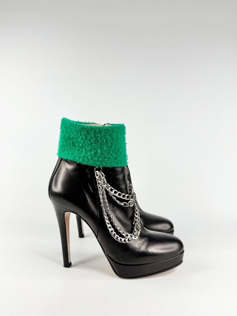 Stefano Stefani Black & Green Felt Chain Ankle Boots - EU41