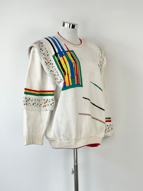 Vintage Australian Made White Printed Cotton Sweater - S