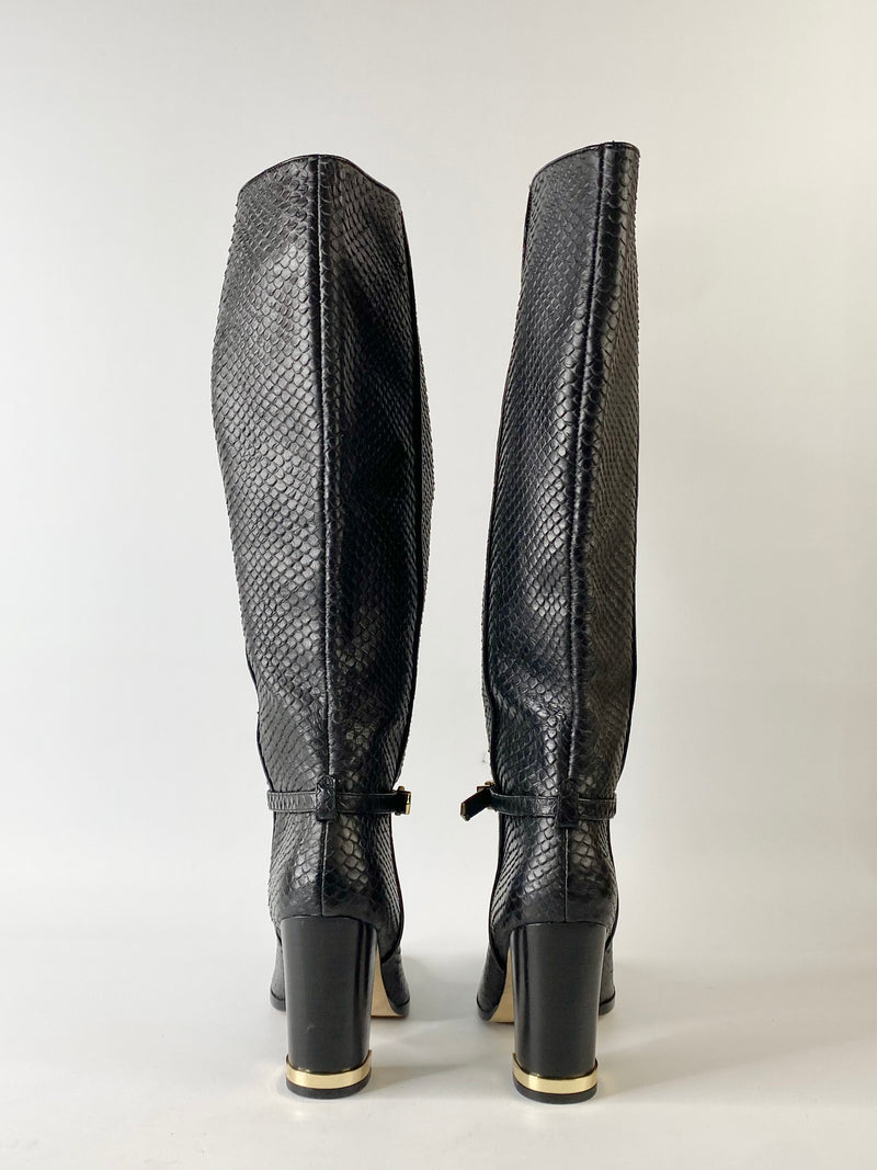 Mimco Black Snakeskin Embossed Knee High Boots - EU37