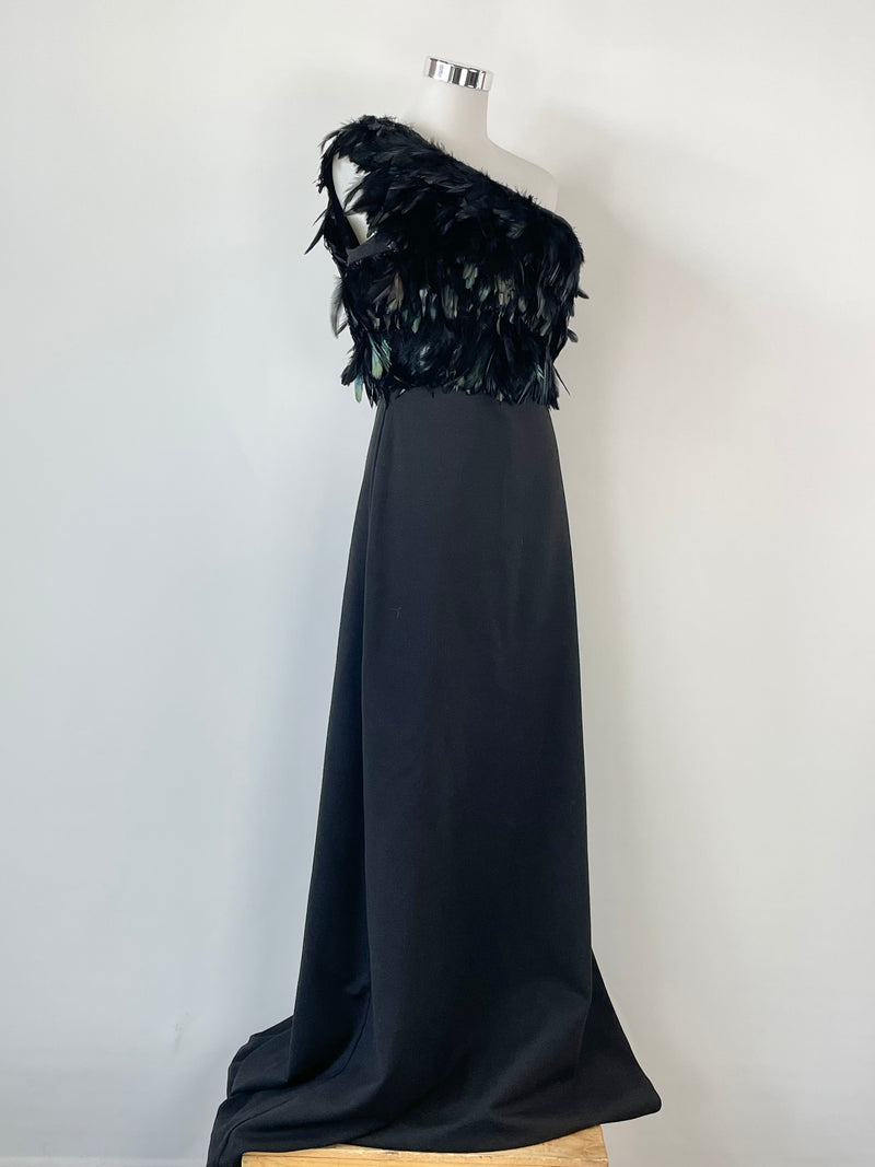 Karen Gee Black Feather Embellished Off-Shoulder Gown - AU10/12