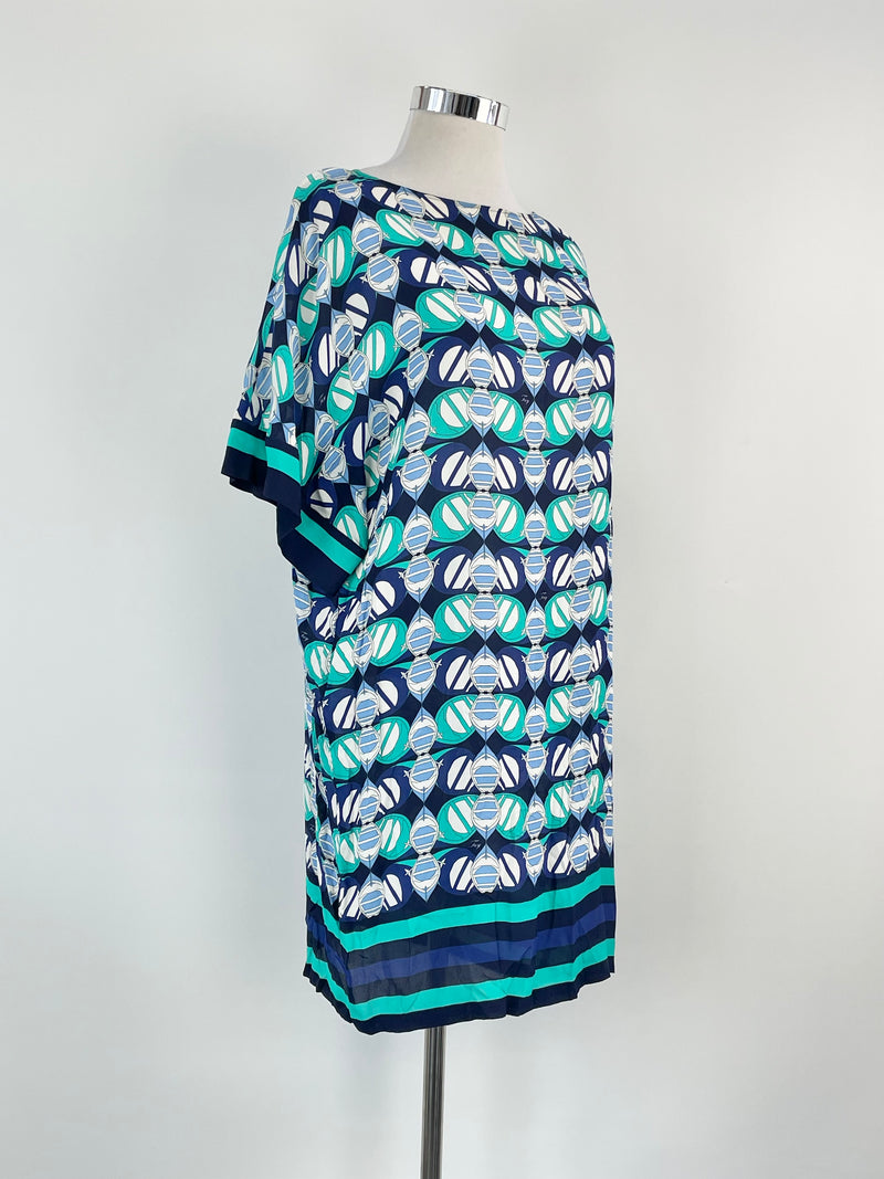 Fay the Label Navy Blue & Turquoise Patterned Sheer Shift Dress - AU10/12