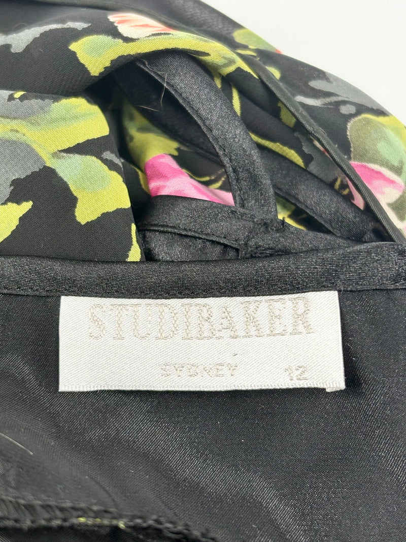 Vintage 90s Studibaker Black Floral Ruched & Pleated Midi Dress - AU10/12