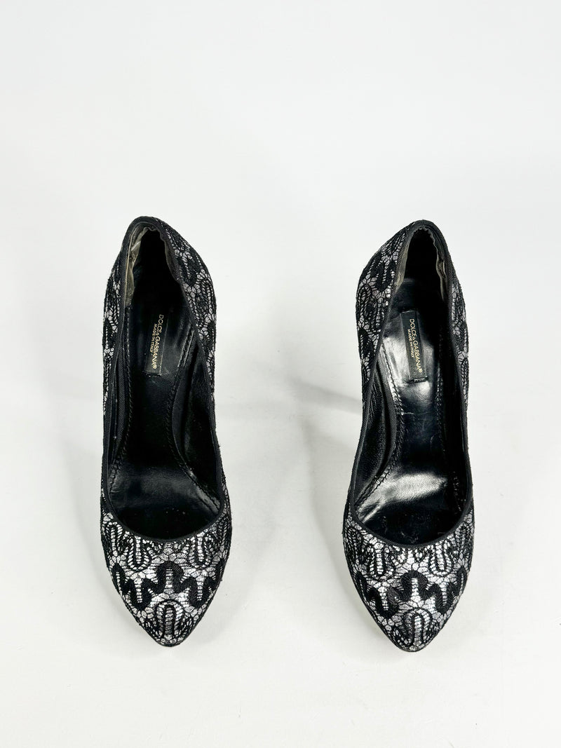 Dolce & Gabbana Silver & Black Squiggle Lace Patterned Stilettos - EU37