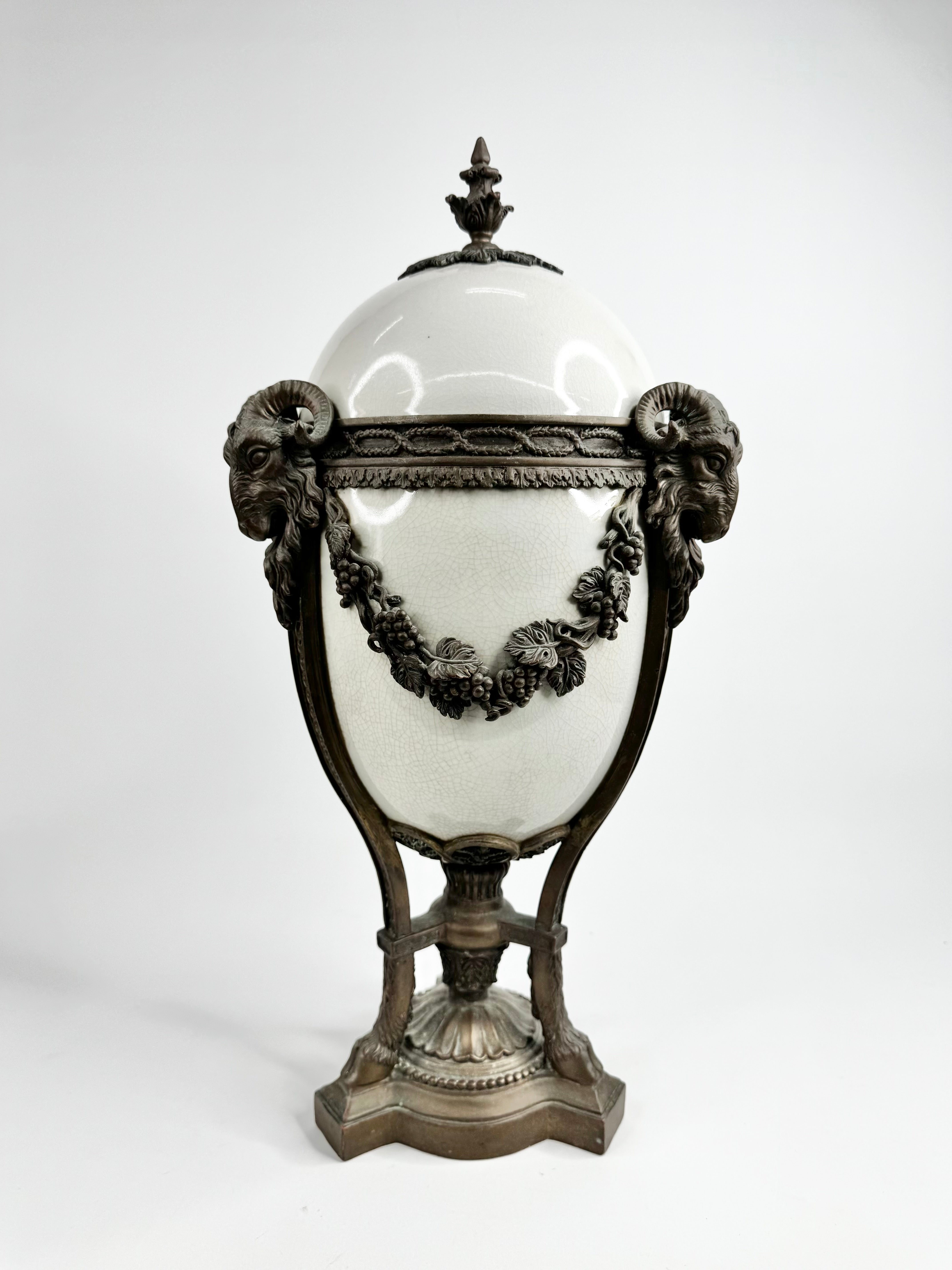 Vintage R.M. Hall Pty Ltd Neoclassical Goat Head Urn with Crackle Glaze Finish