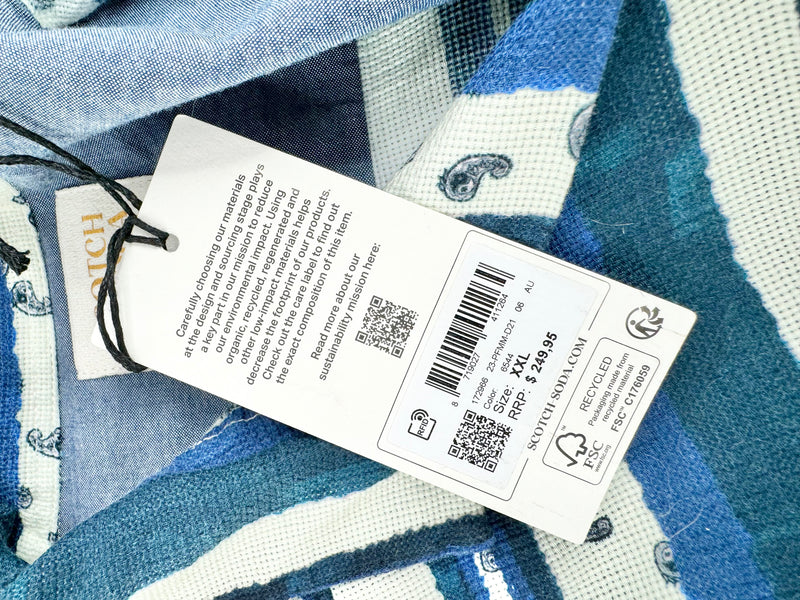 Scotch & Soda Blue & White Stripe Paisley Pattern Top NWT - XXL