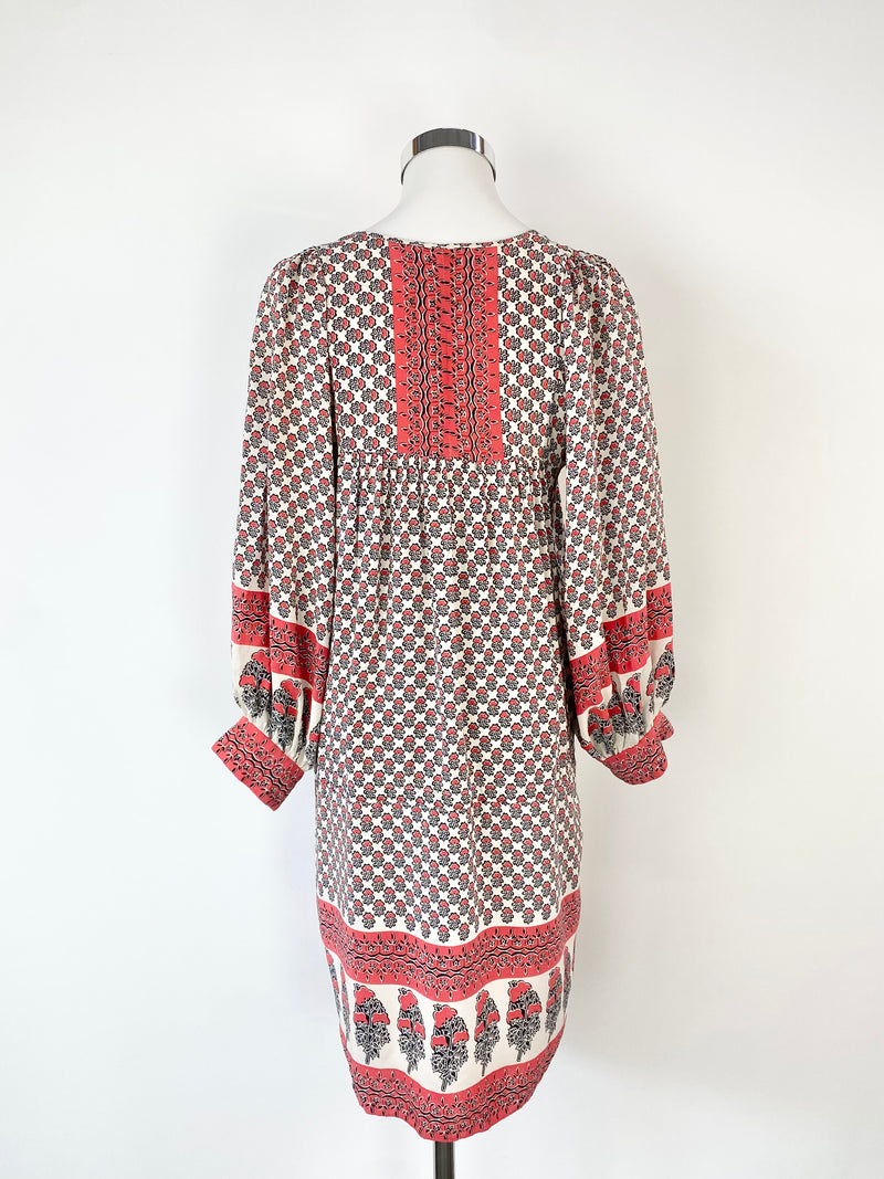 Ulla Johnson Red & Cream Floral Motif Bohemian Silk Dress - AU8/10