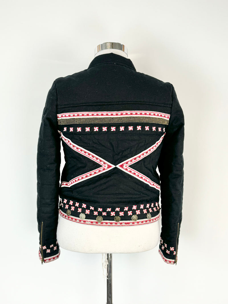 Flannel Coin Embellished Embroidered Quilted Jacket - AU10