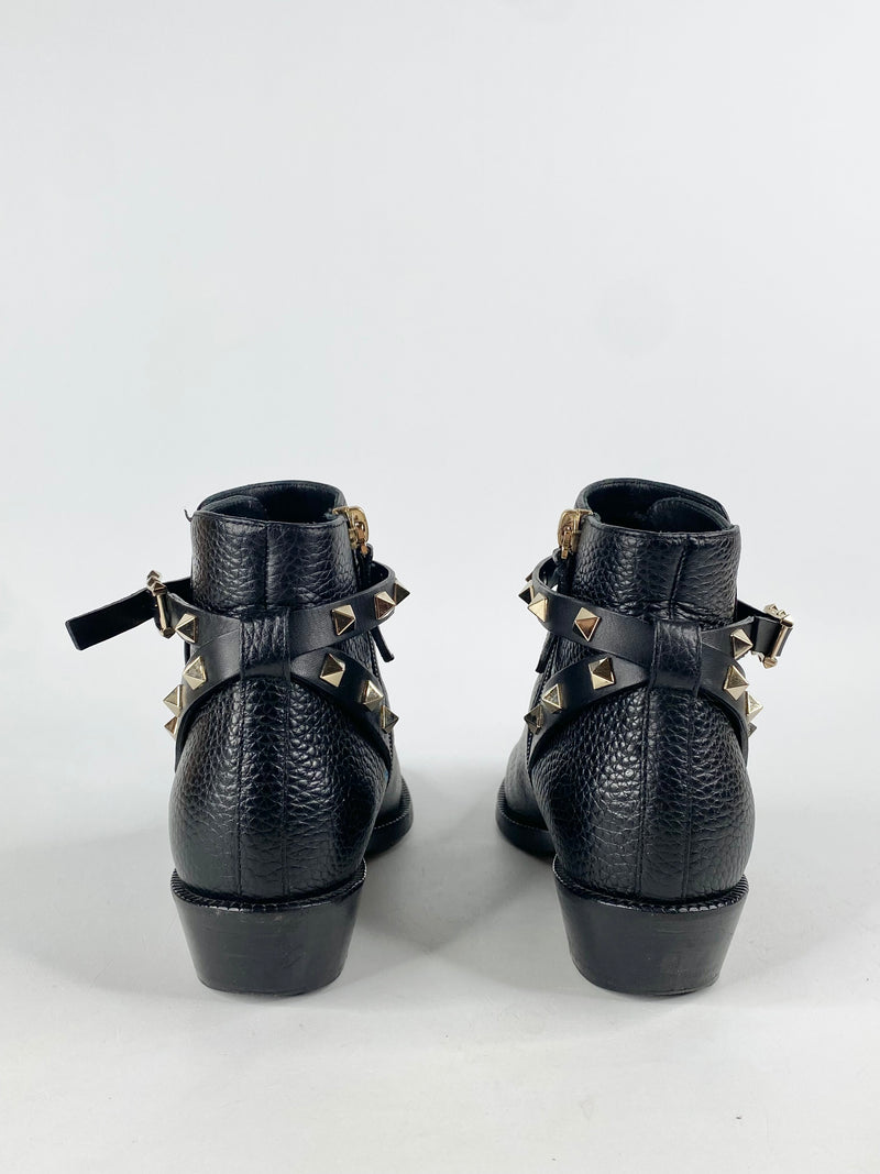 Valentino Garavani Black Gold Rockstud Leather Ankle Boots - EU35