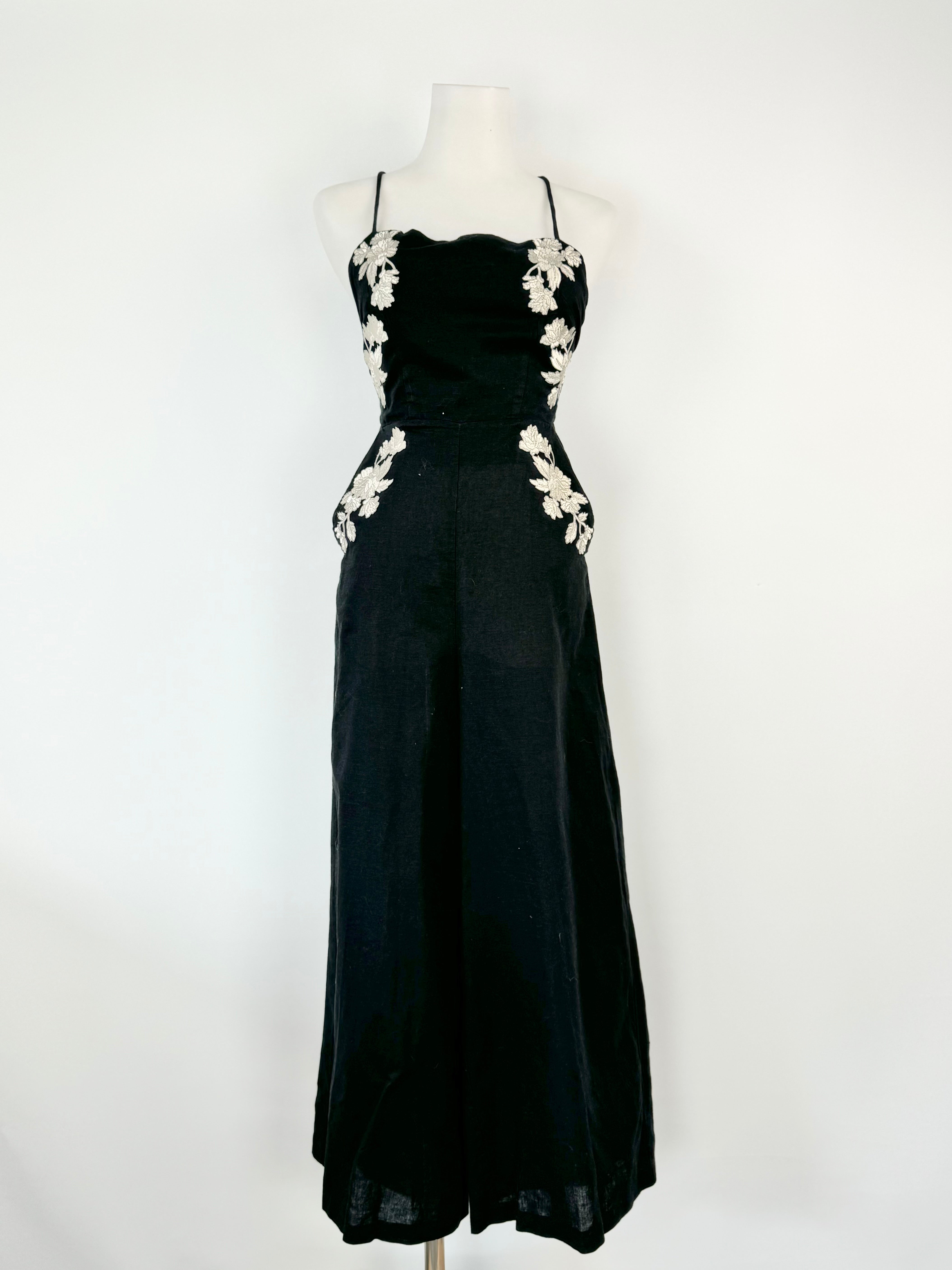 Zimmermann Black Linen Floral Embroidered Backless Jumpsuit - AU6/8