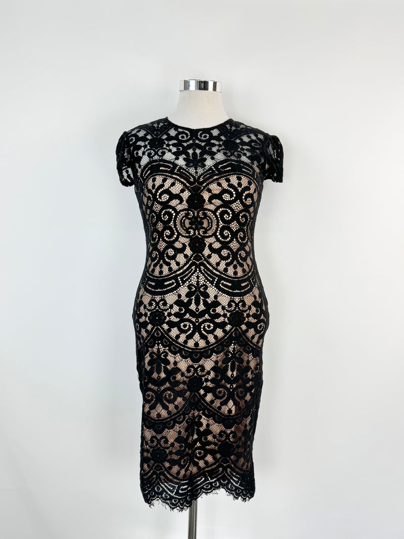 Goddiva London Black Lace Biege Body Con Dress - AU12