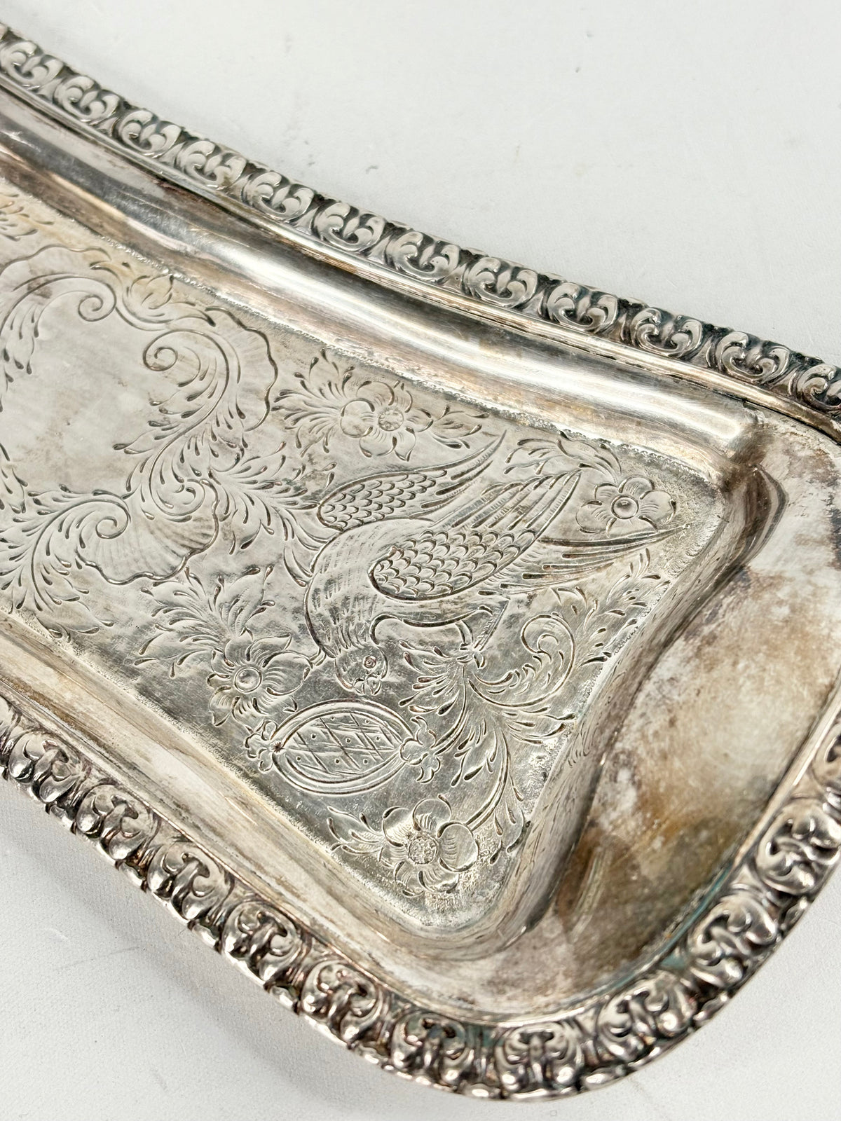 Vintage Bird Engraved Silver Tray