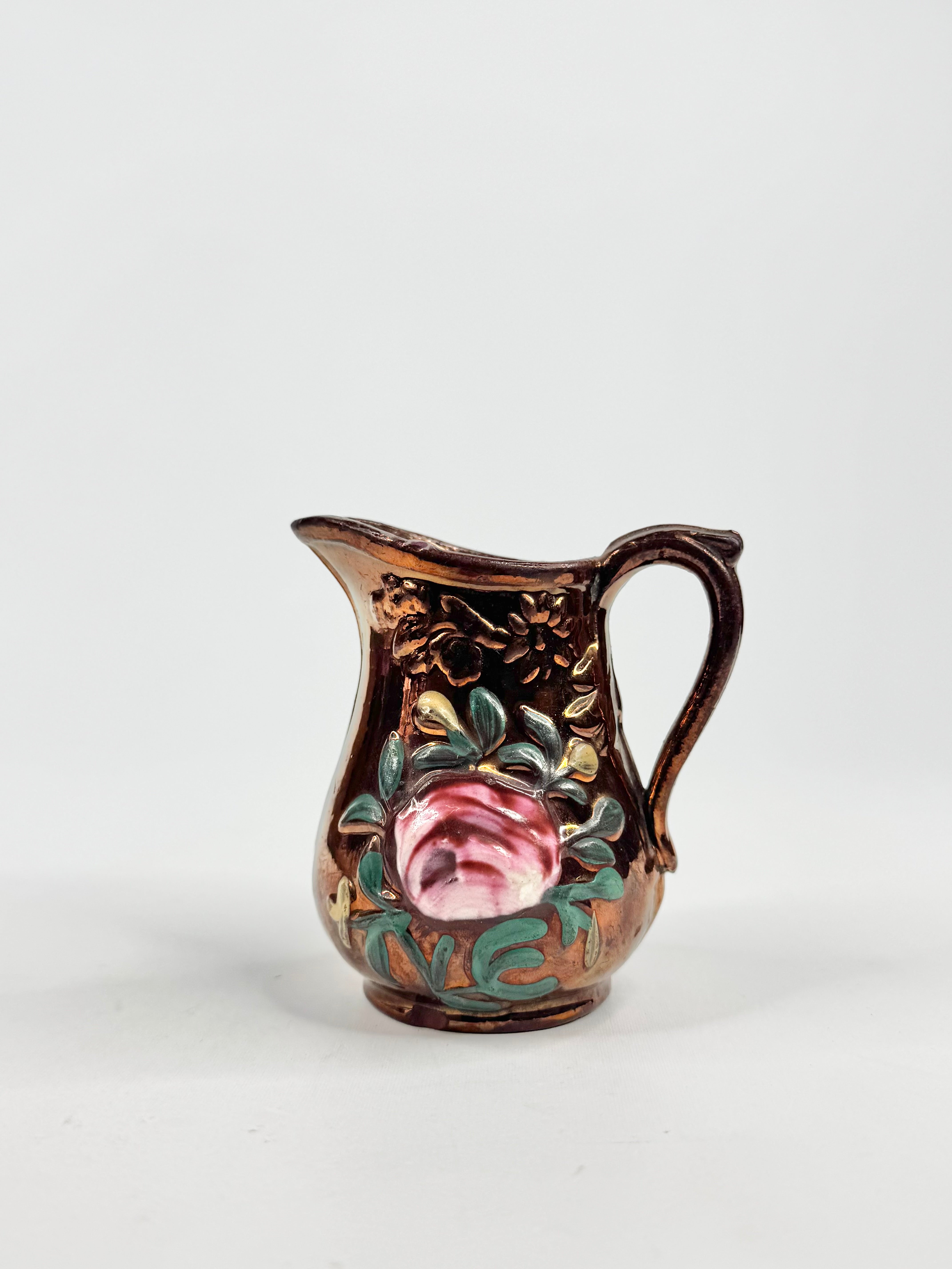 Vintage Copper Lusterware Floral Pitcher