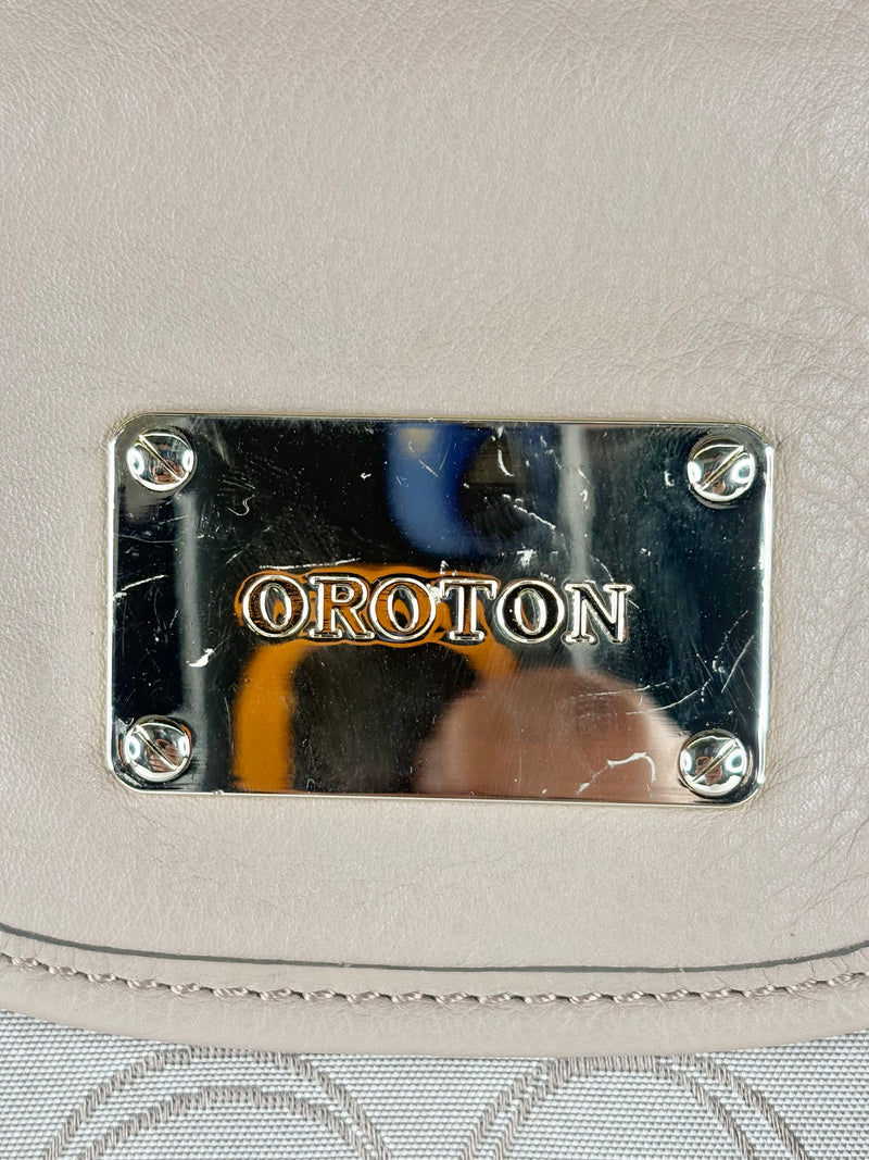 Oroton Beige Leather & Monogrammed Panel Handbag