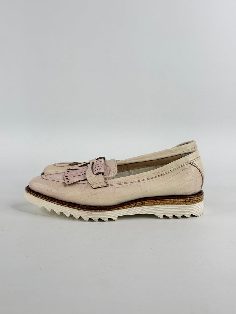 Barracuda Faded Pink & Cream Croc-Textured Leather Loafers - EU36