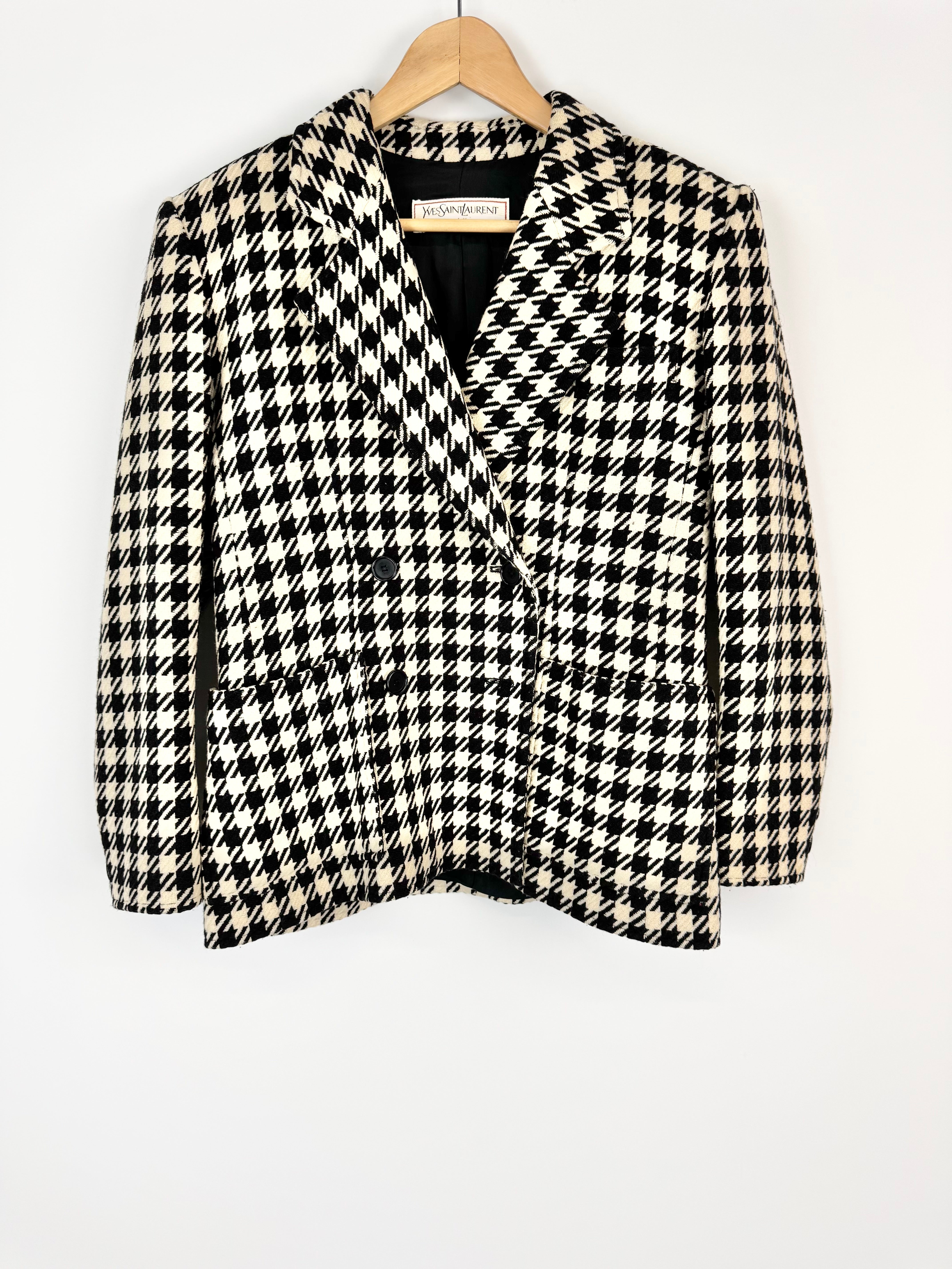 Vintage 90s Yves Saint Laurent Variation Black & White Houndstooth Double-Breasted Jacket - AU10