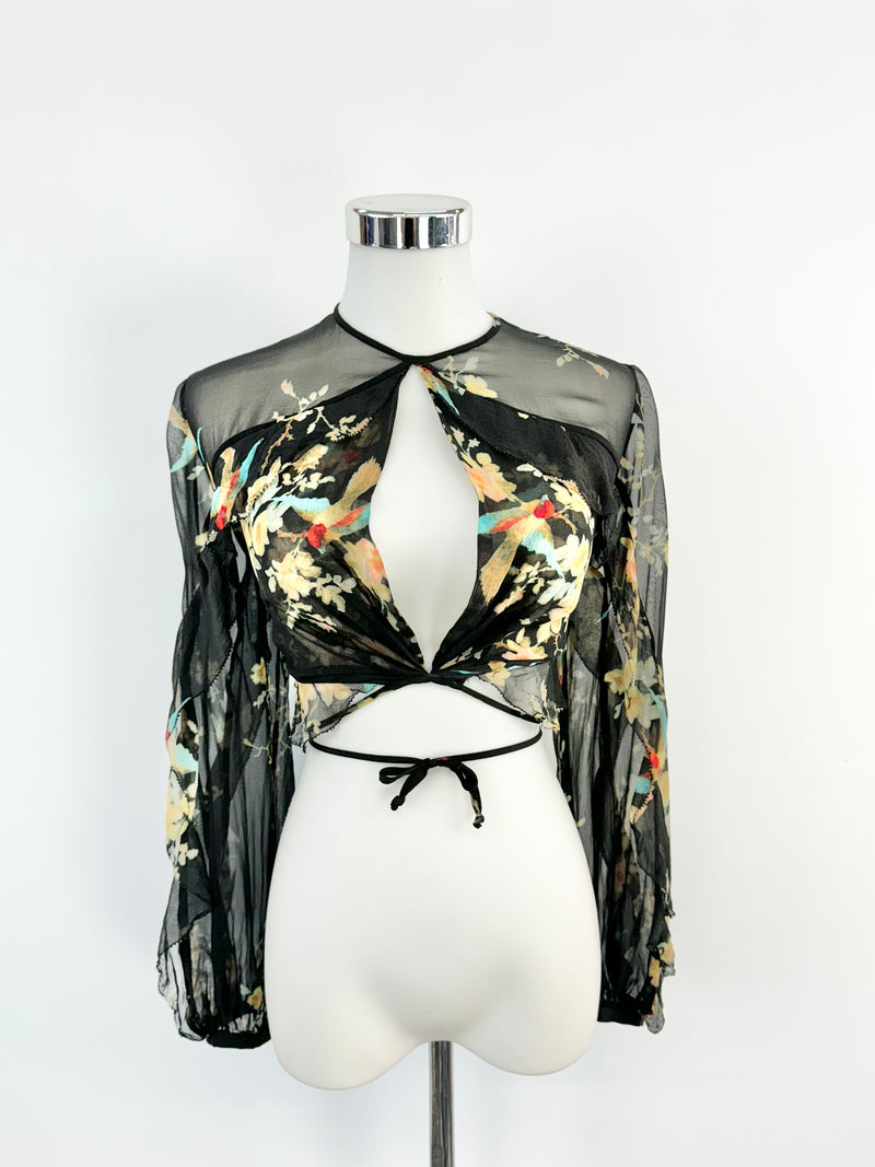 Zimmermann Sheer Black Floral Cropped Blouse - AU8/10