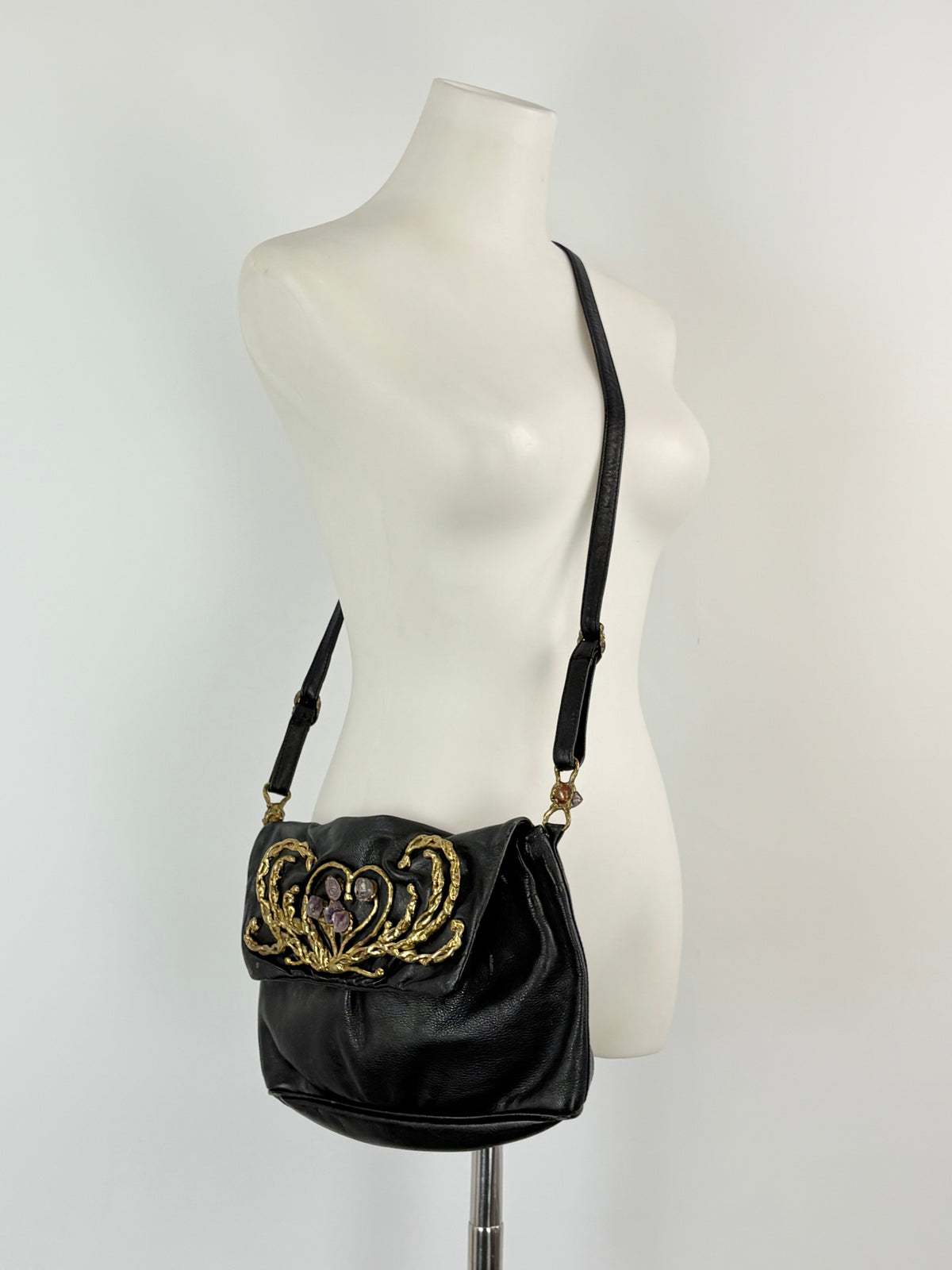 Amethyst Encrusted Black Leather Shoulder Satchel Bag