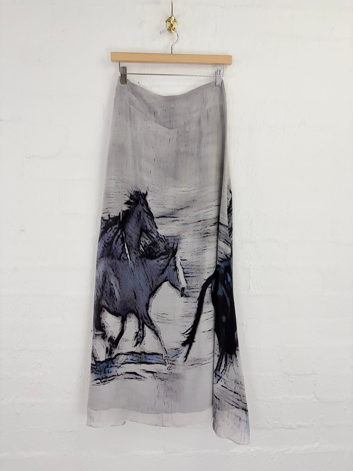 Jane Ramsay Grey Silk Abstract Horse Patterned Maxi Skirt - AU6/8