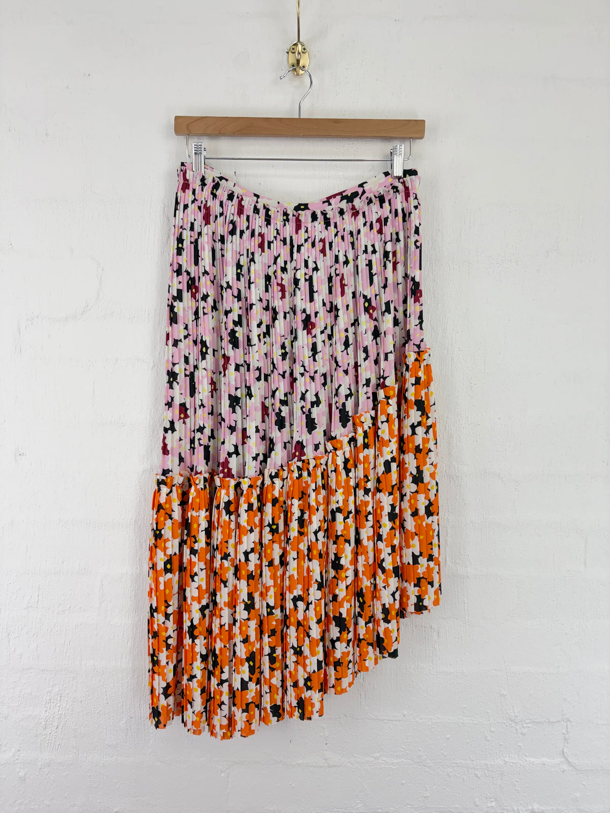 Kenzo Orange Pink & White 'Jackie Flowers' Asymmetrical Pleated Skirt - AU10/12