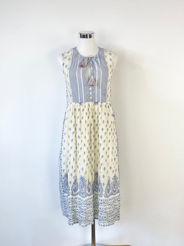 Sea Blue & Cream Silk & Cotton Floaty Sleeveless Dress - AU6/8