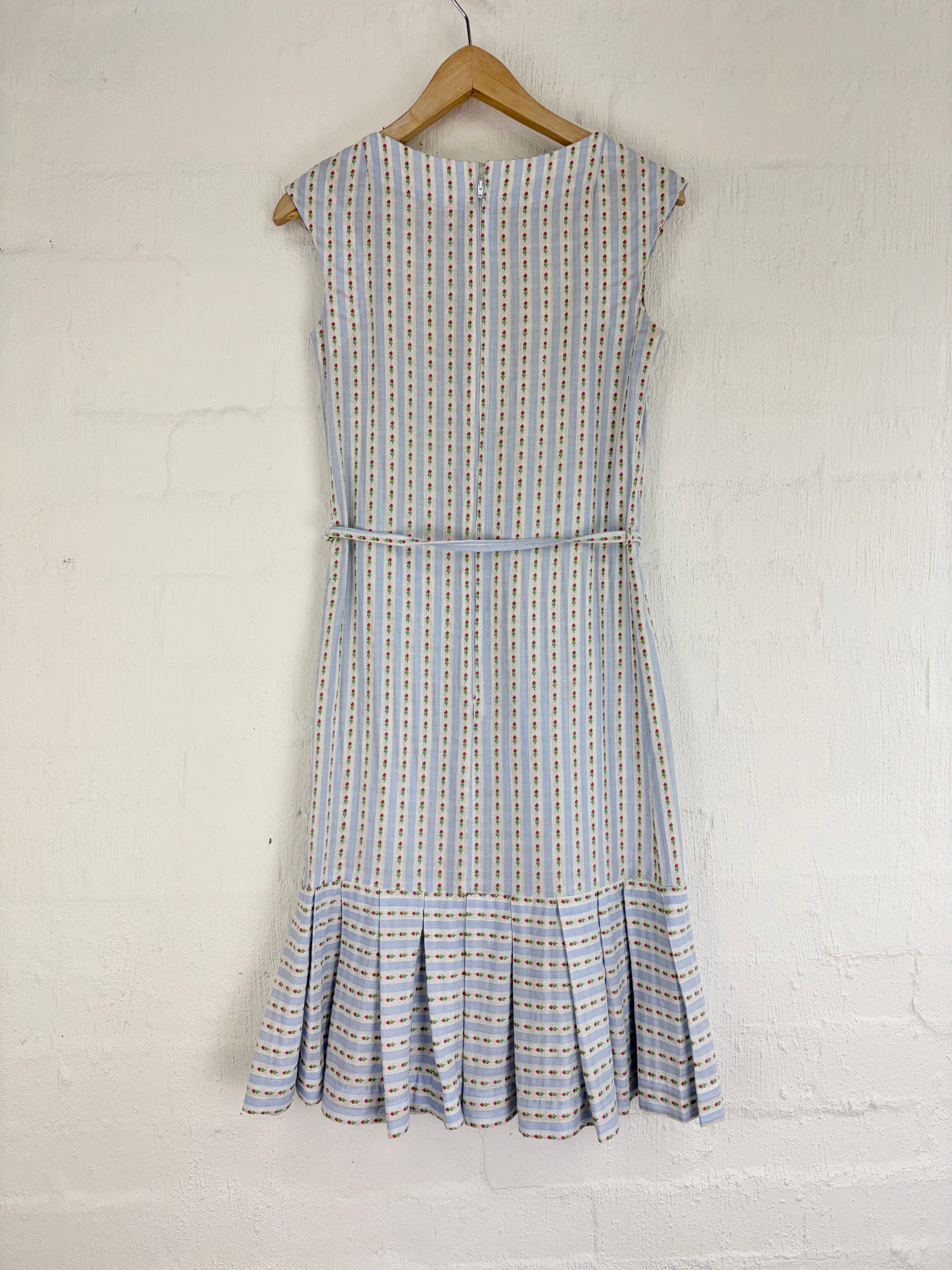 Hand Made Pale Blue Floral Stripe Sleeveless Dress - AU10
