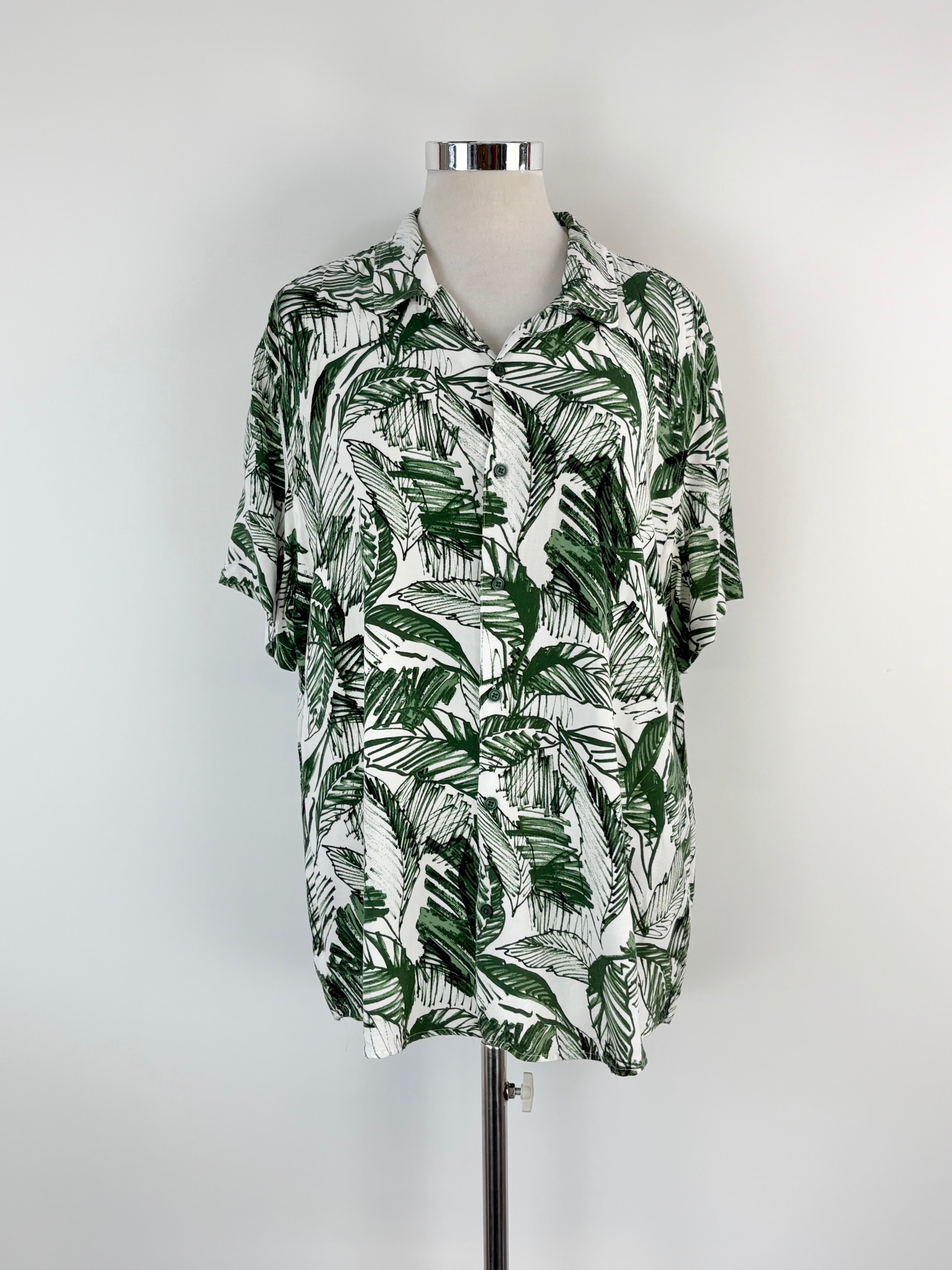 Guess White & Green Fern-Print Short Sleeve Shirt - XXL