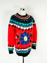 Vintage 80s Iznit Brightly Patterned Beaded Mohair Jumper - S