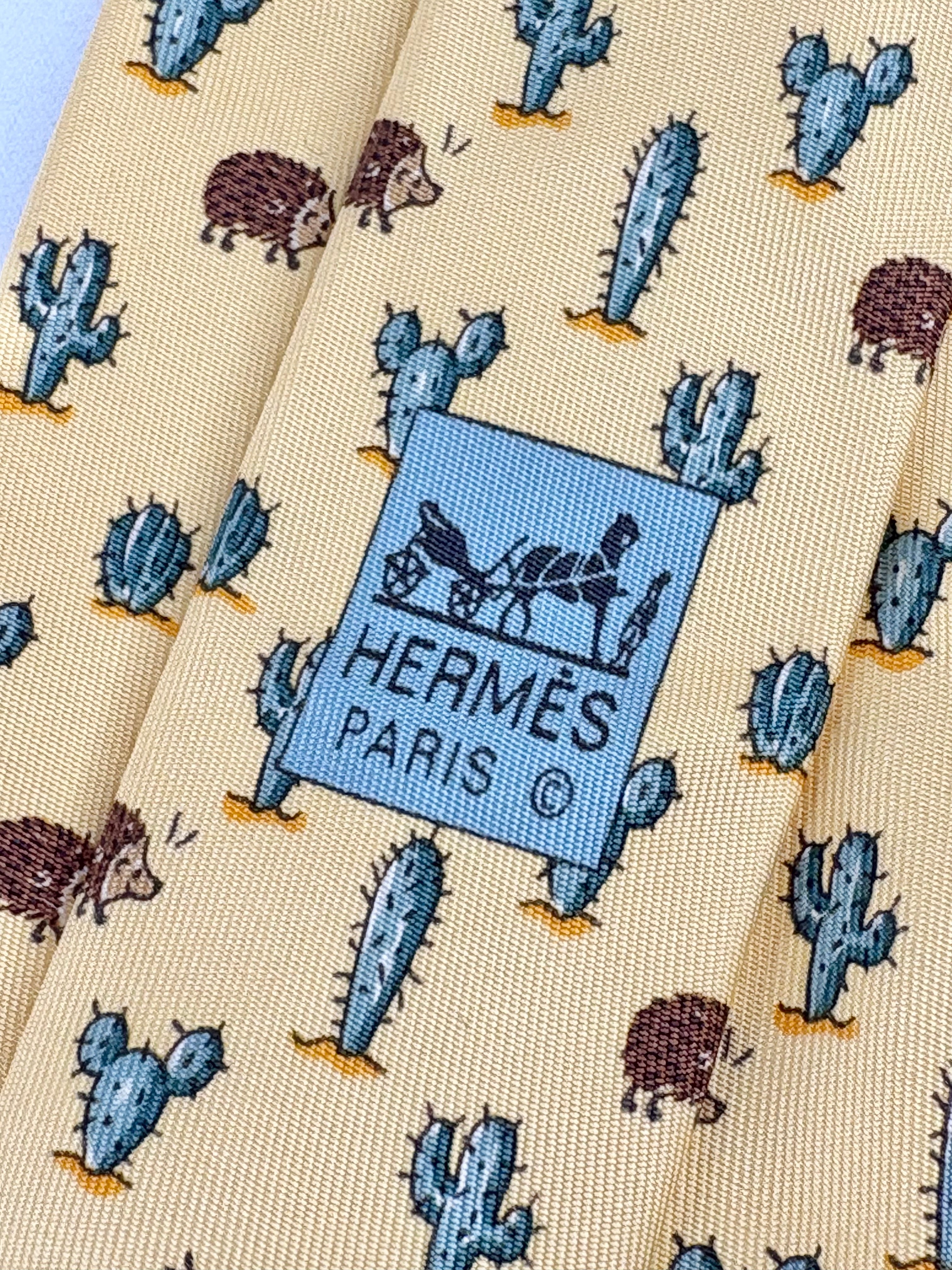 Hermès Yellow Cactus & Hedgehog Silk Tie