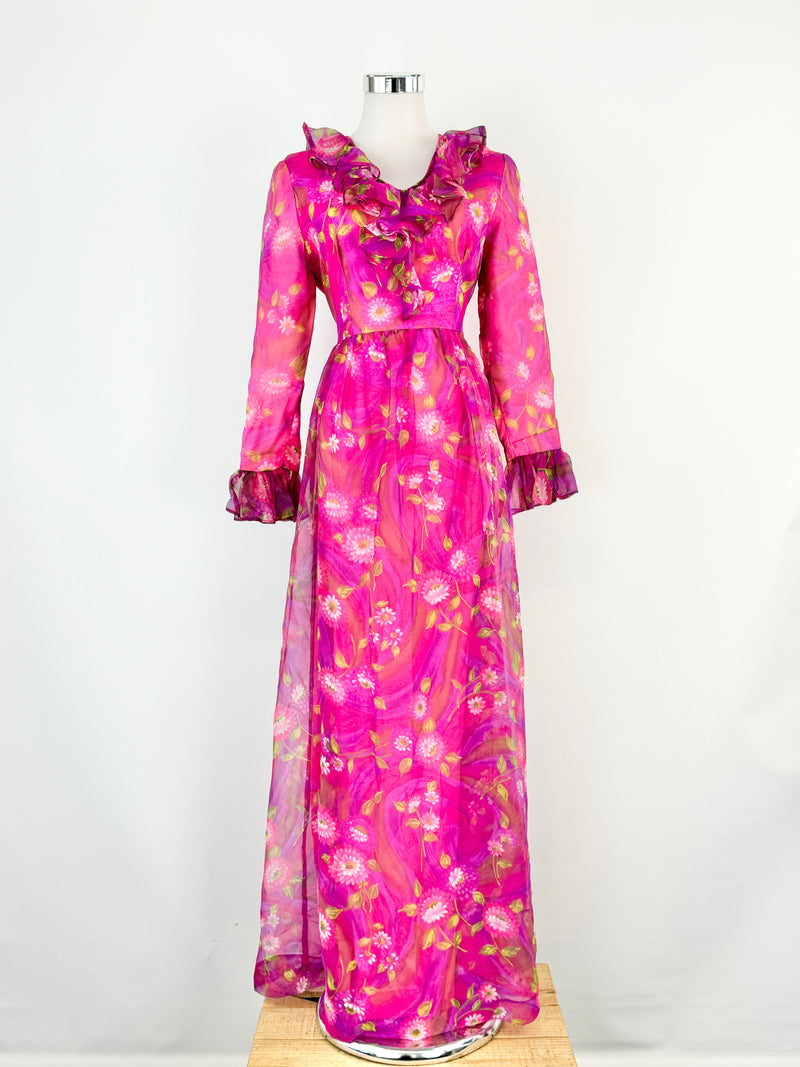 Vintage 70s Pink Floral Maxi Dress - AU8