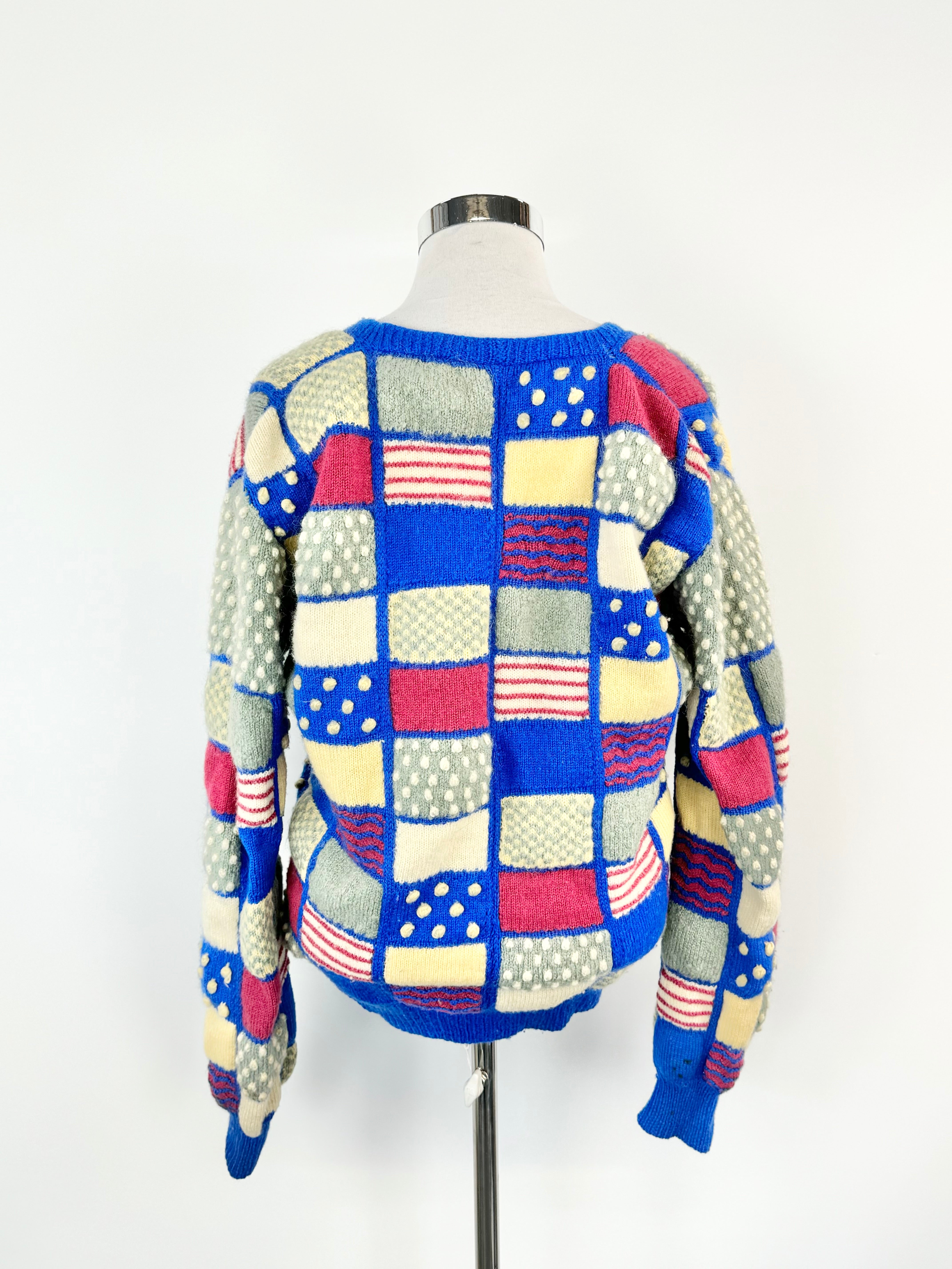 Vintage 70s Blue, Grey & Pink 3D Knitted Cardigan - AU12