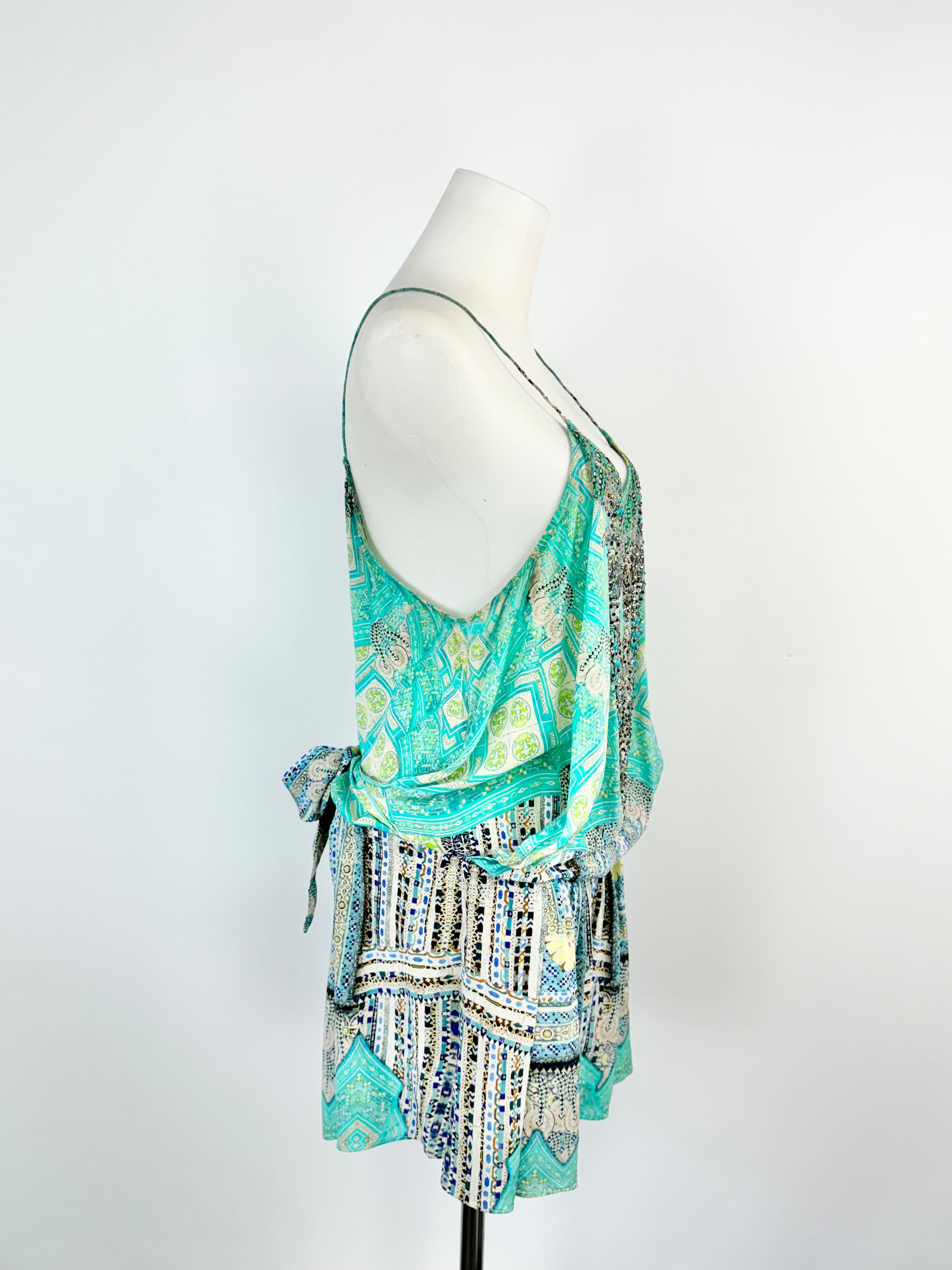 Camilla Aqua Geometric Silk Playsuit - AU10