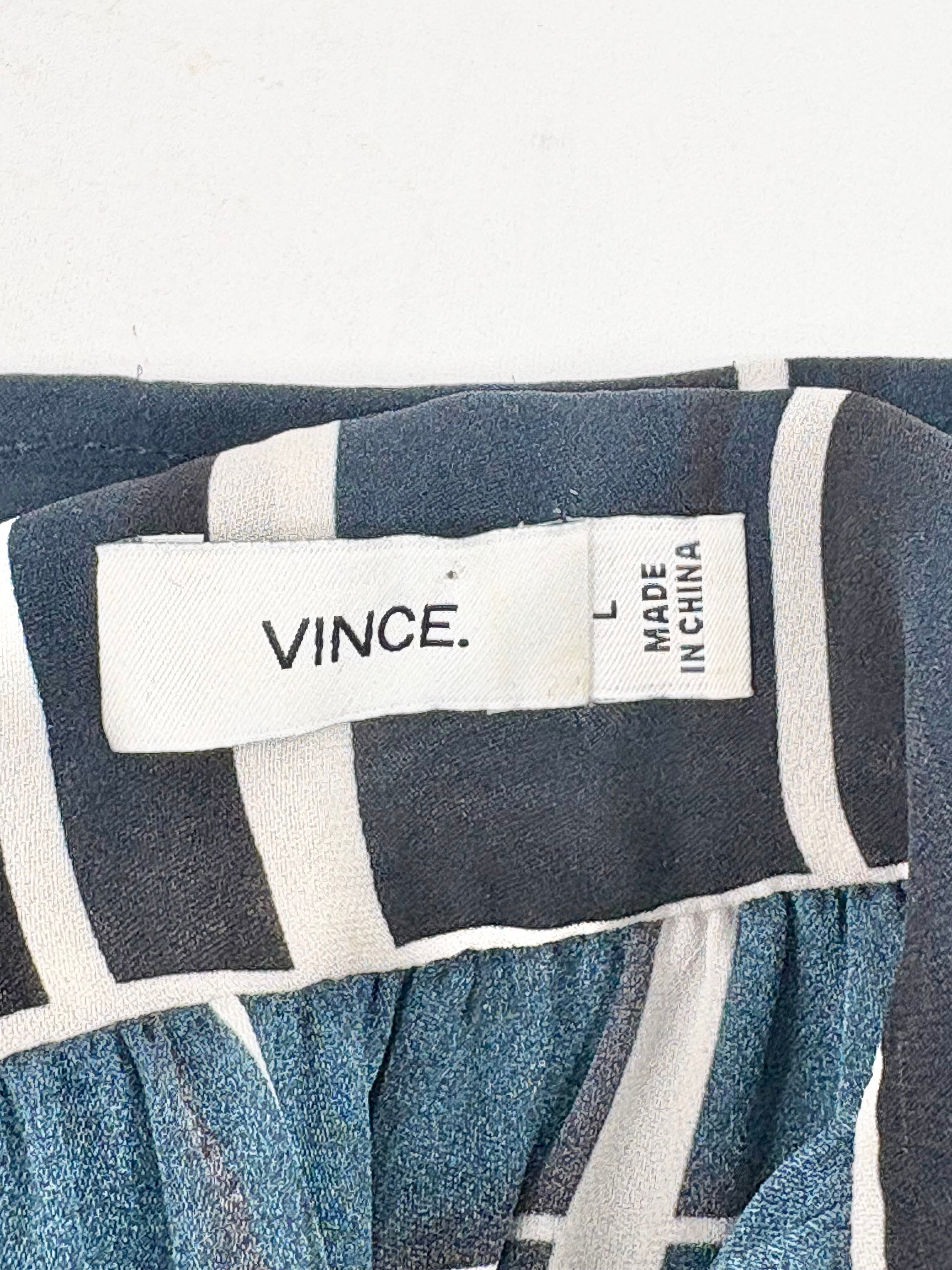 Vince Navy & White Silk Geometric Patterned Top - AU14/16