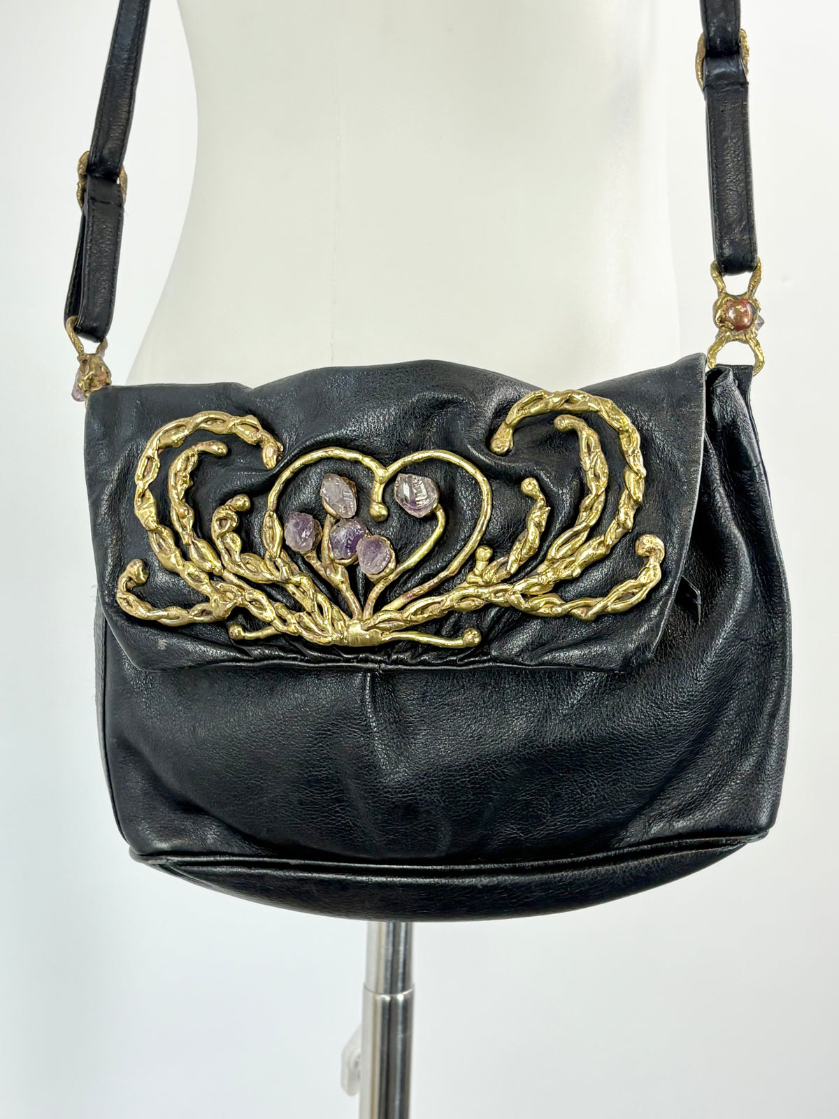 Amethyst Encrusted Black Leather Shoulder Satchel Bag