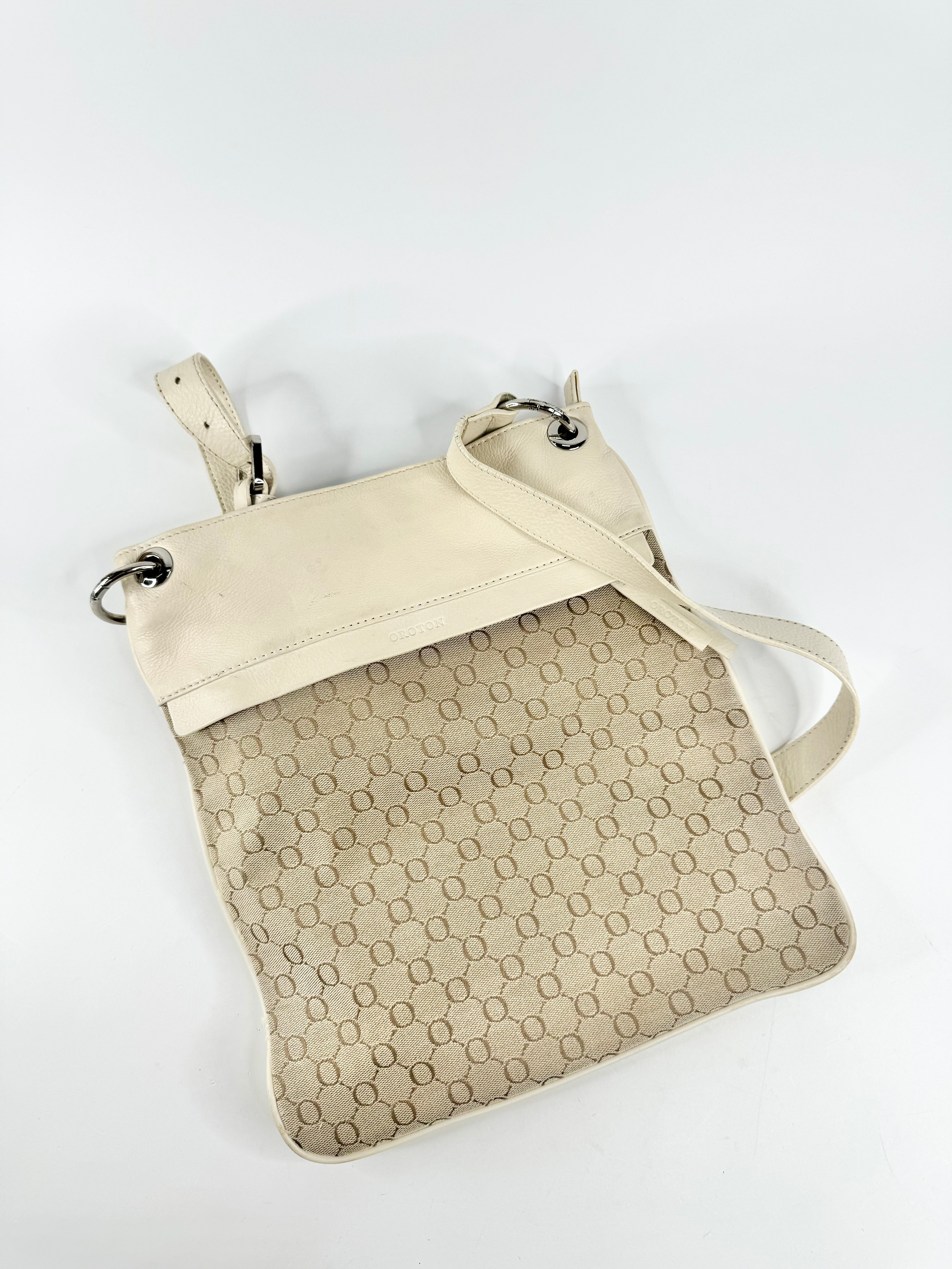 Oroton Cream Monogrammed Fabric & Leather Cross Body Bag
