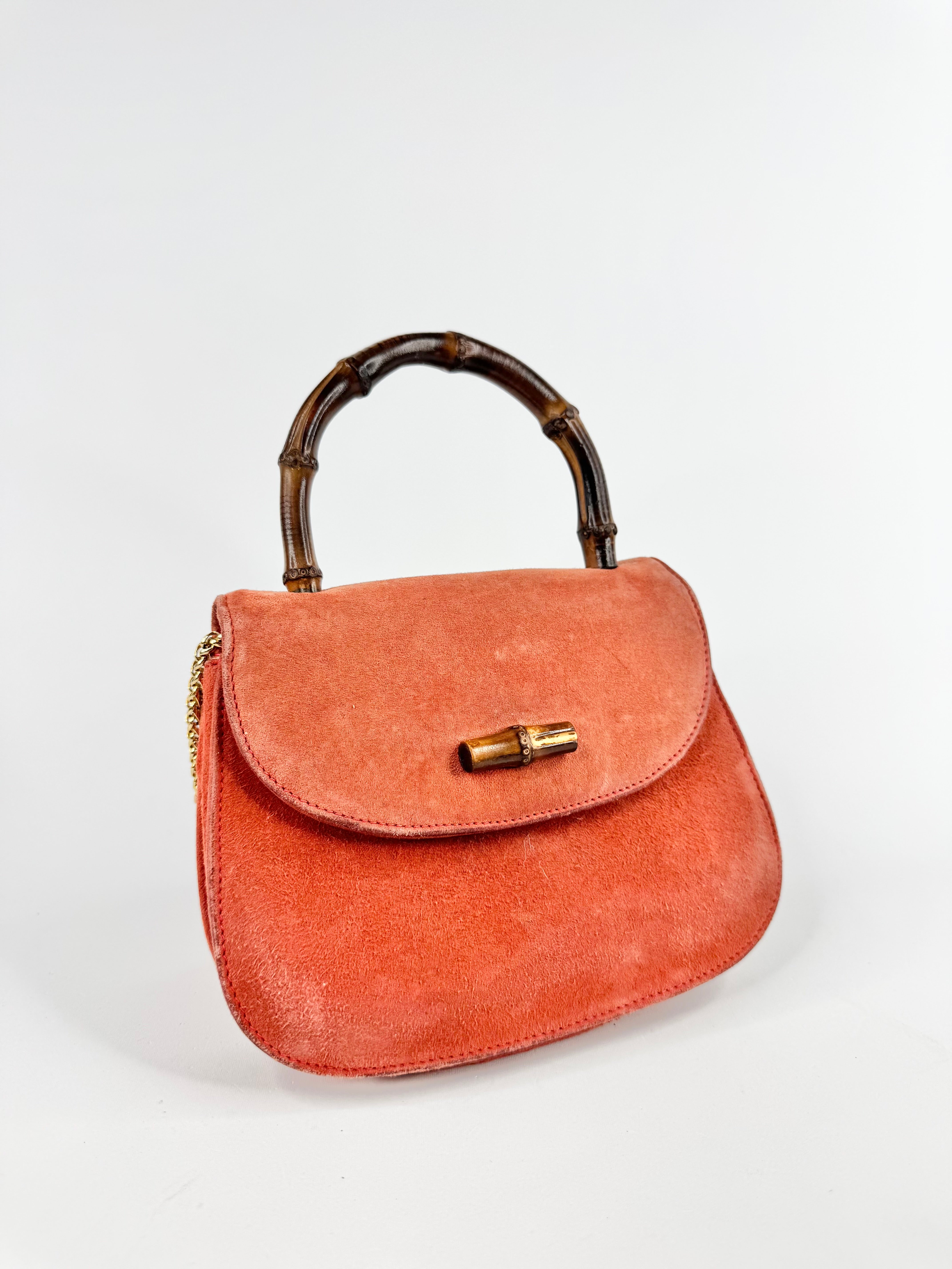 Vintage Gucci Mini Orange Sorbet Suede Bamboo Cross Body Bag