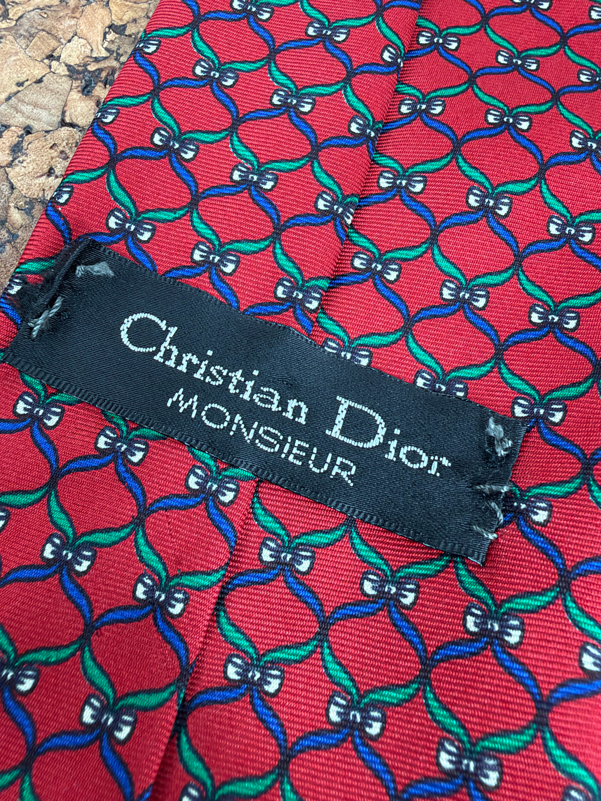 Christian Dior Crimson Blue & Green Bow Patterned Silk Tie