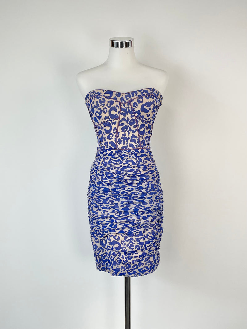 Nicholas Blue Animal Print Ruffled Strapless Silk Dress - AU8