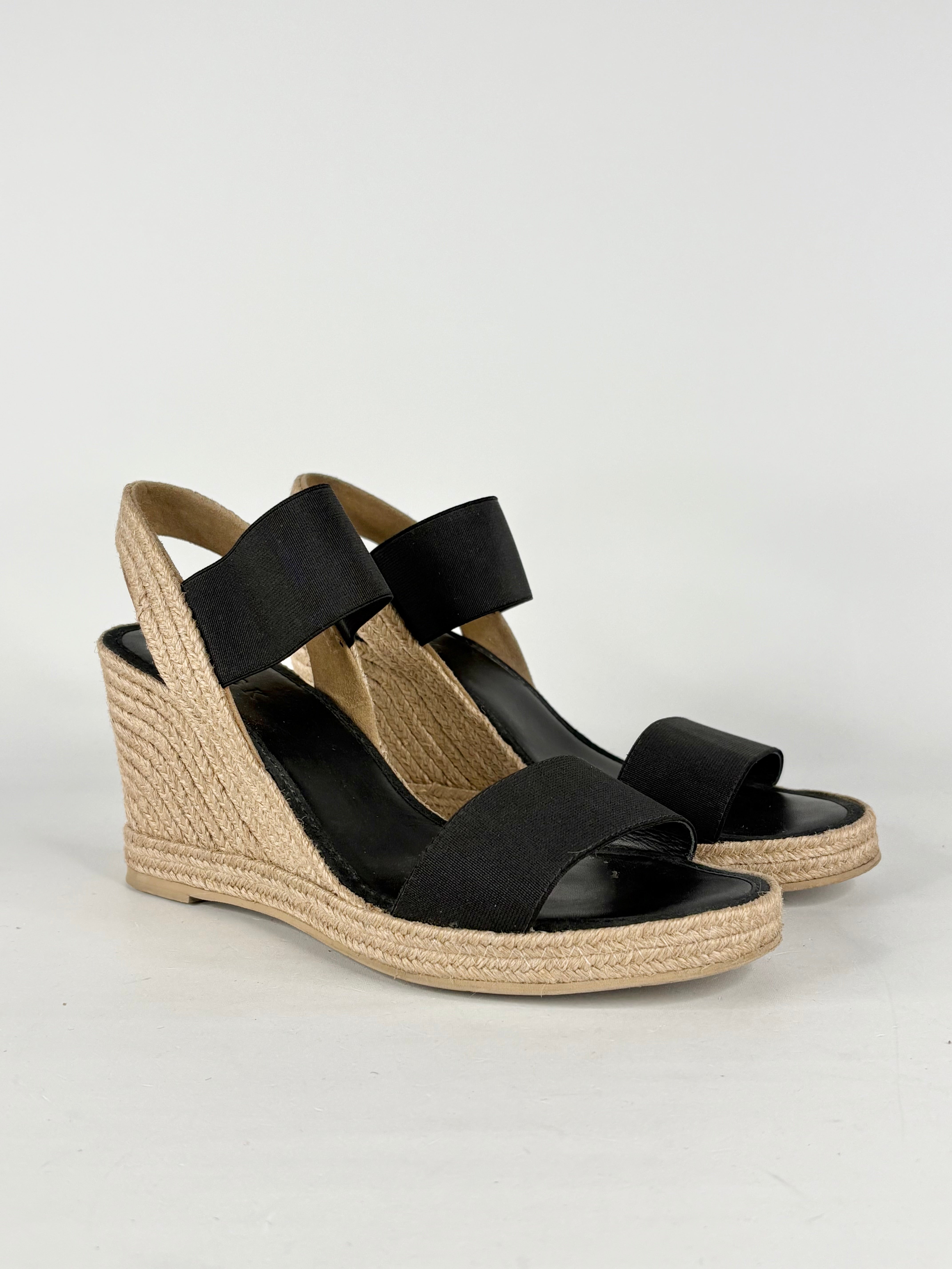 Husk Black Leather & Raffia Espadrille Wedges - EU39