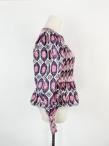 Malie Pink & Purple Patterned Peasant Blouse NWT - AU8/10
