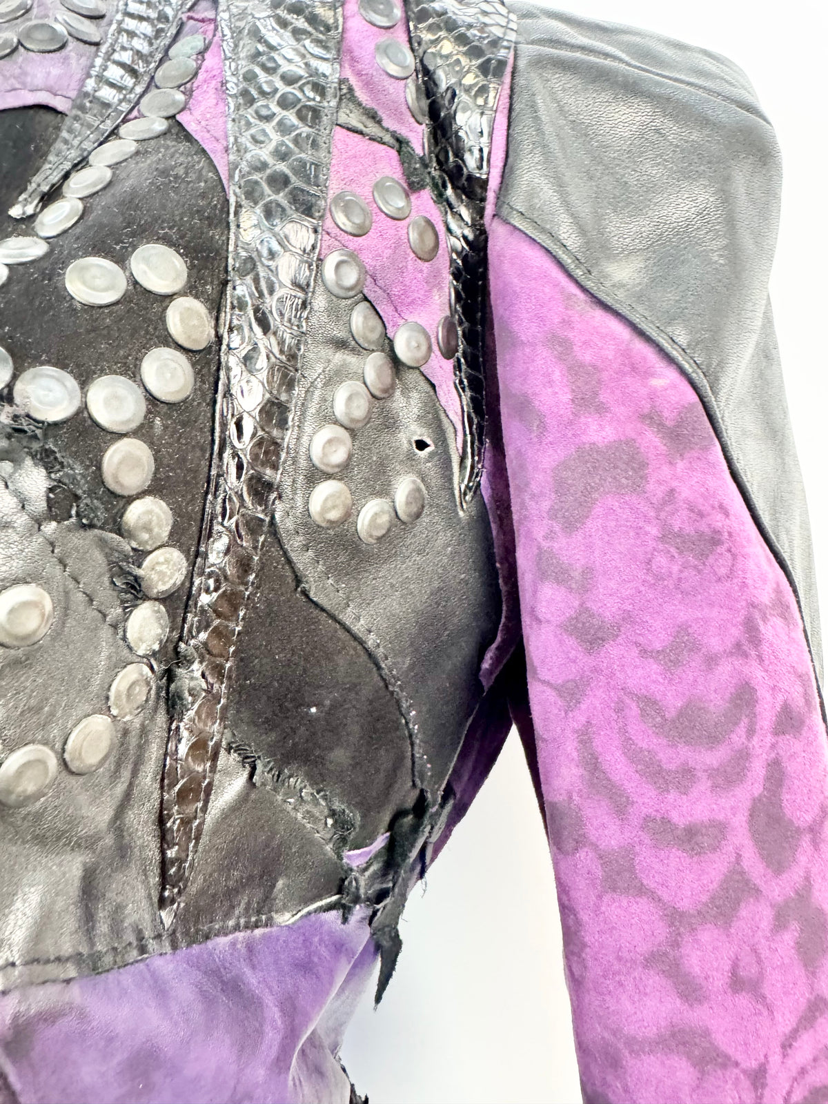 Vintage 80s Rockets & Reptiles Purple & Black Embellished Leather Jacket - AU8/10