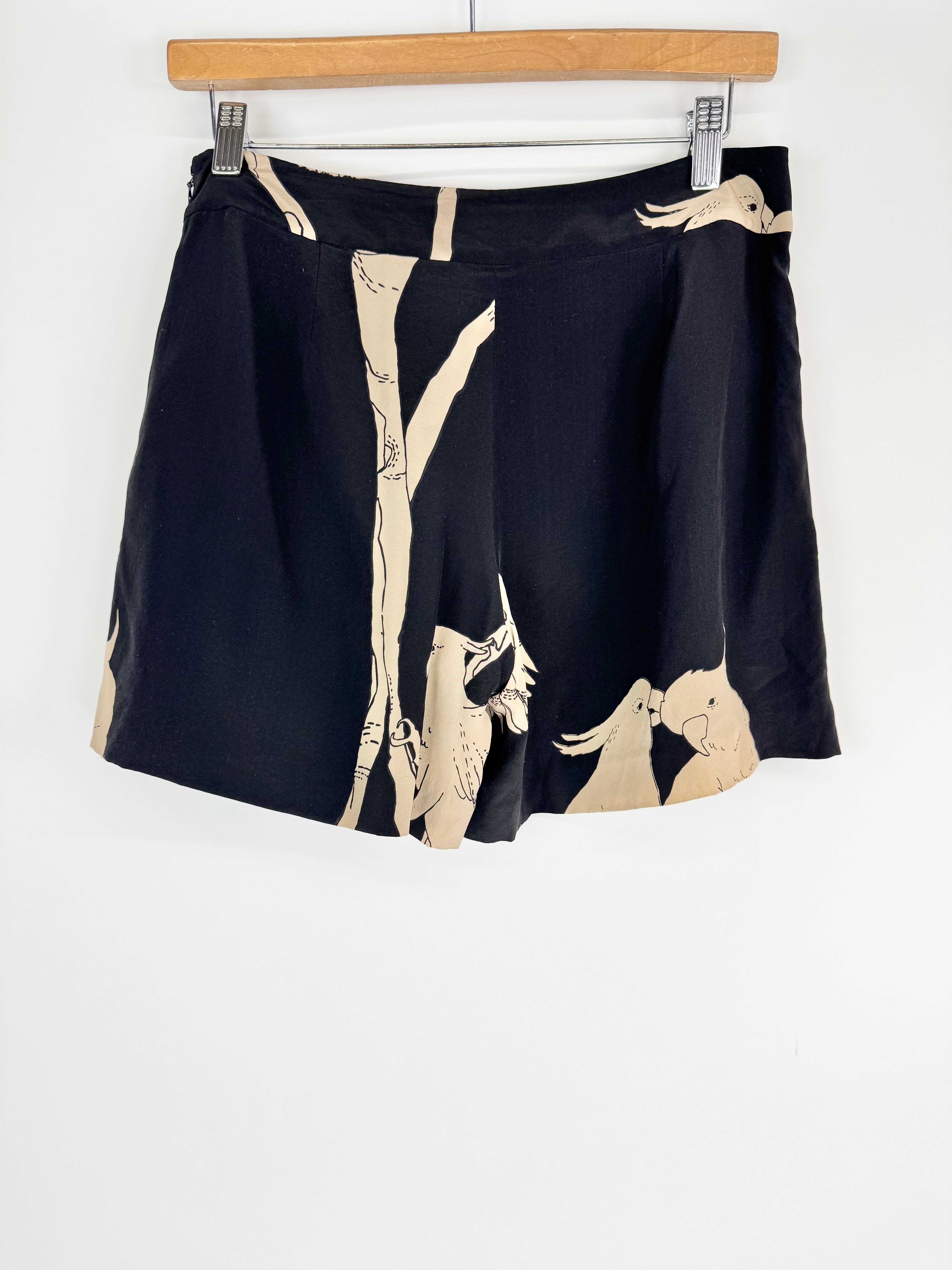 Oroton Black Cockatoo Pattern Silk Shorts - AU10