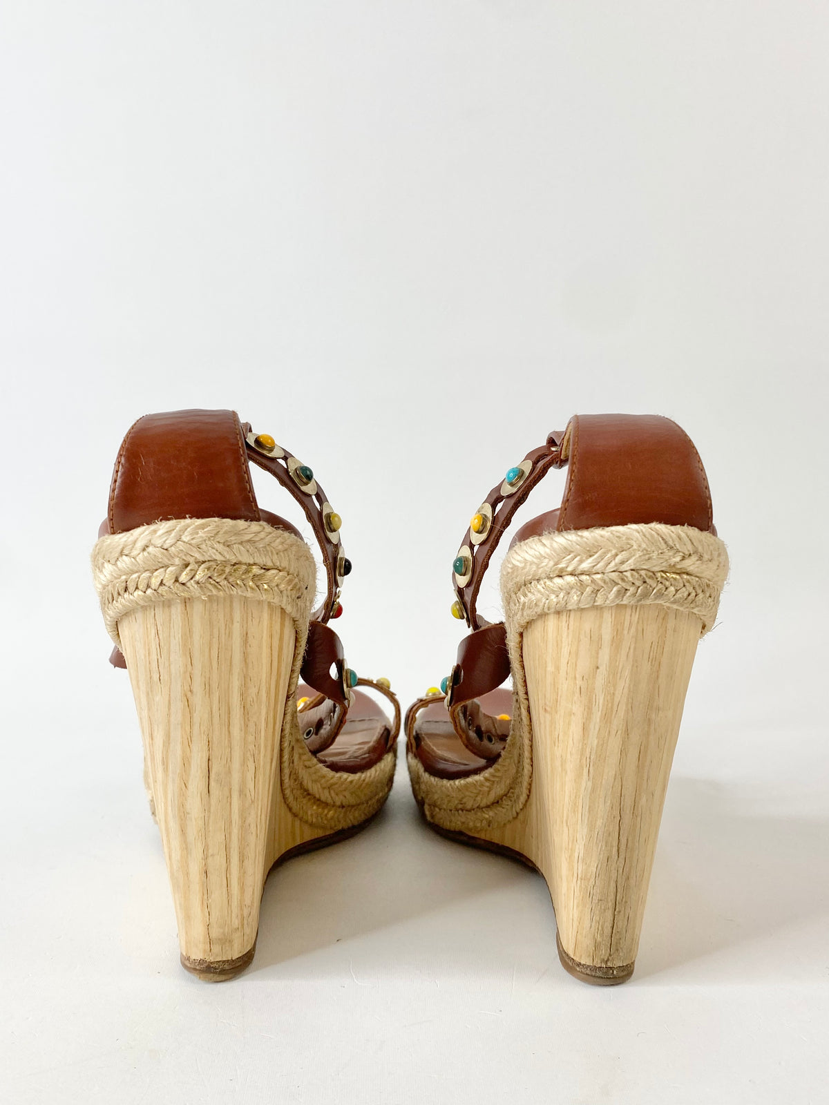 Aquazzura Tan Semi-Precious Stone Studded Wedges - EU38
