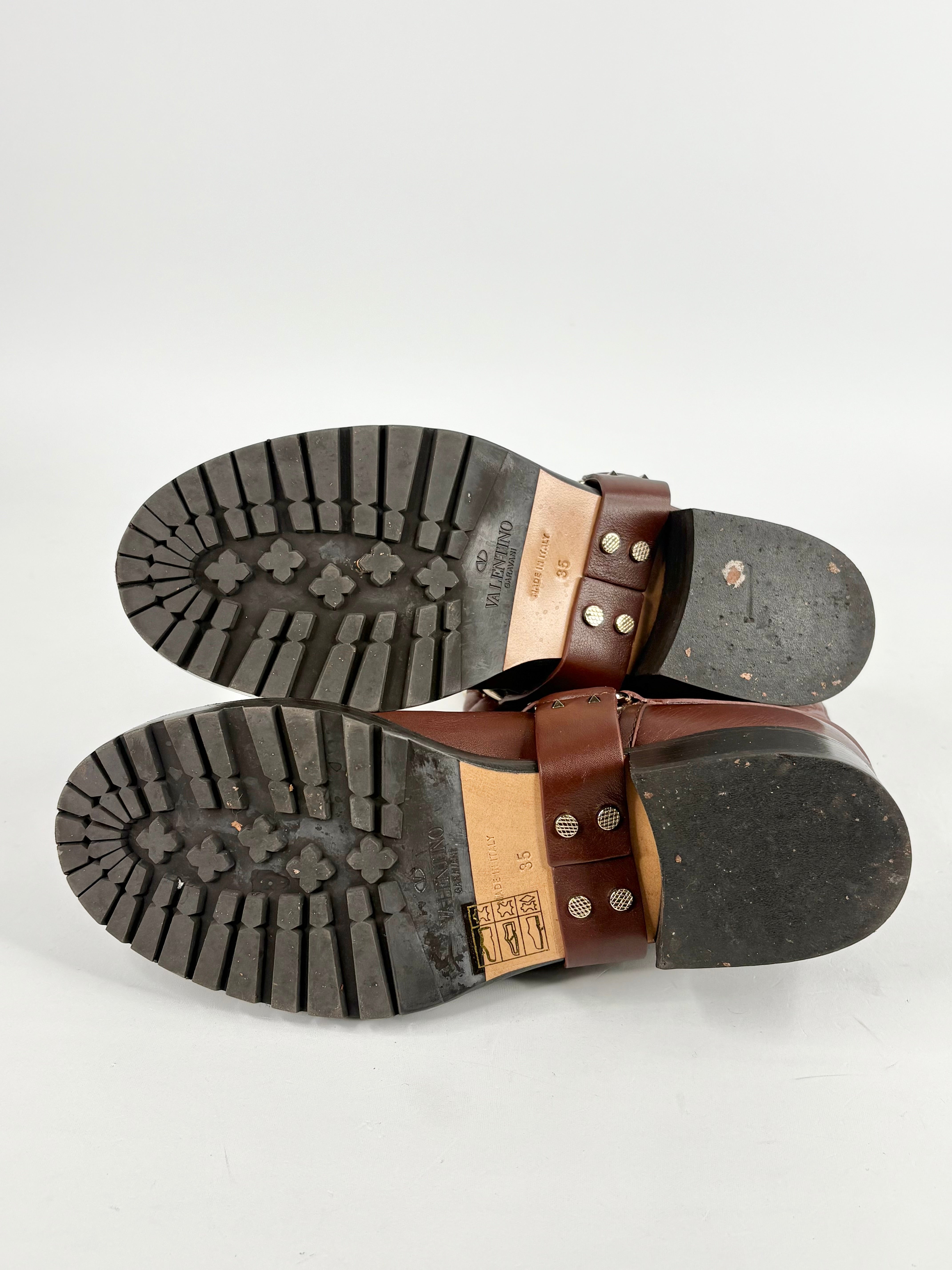 Valentino Garavani Brown Leather Quilted-Rockstud Biker Boots - EU35