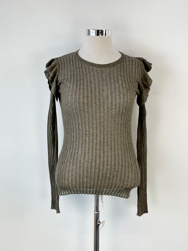 Patrizia Pepe Taupe Sheer Rib-Knit Open Shoulder Top - AU12/14