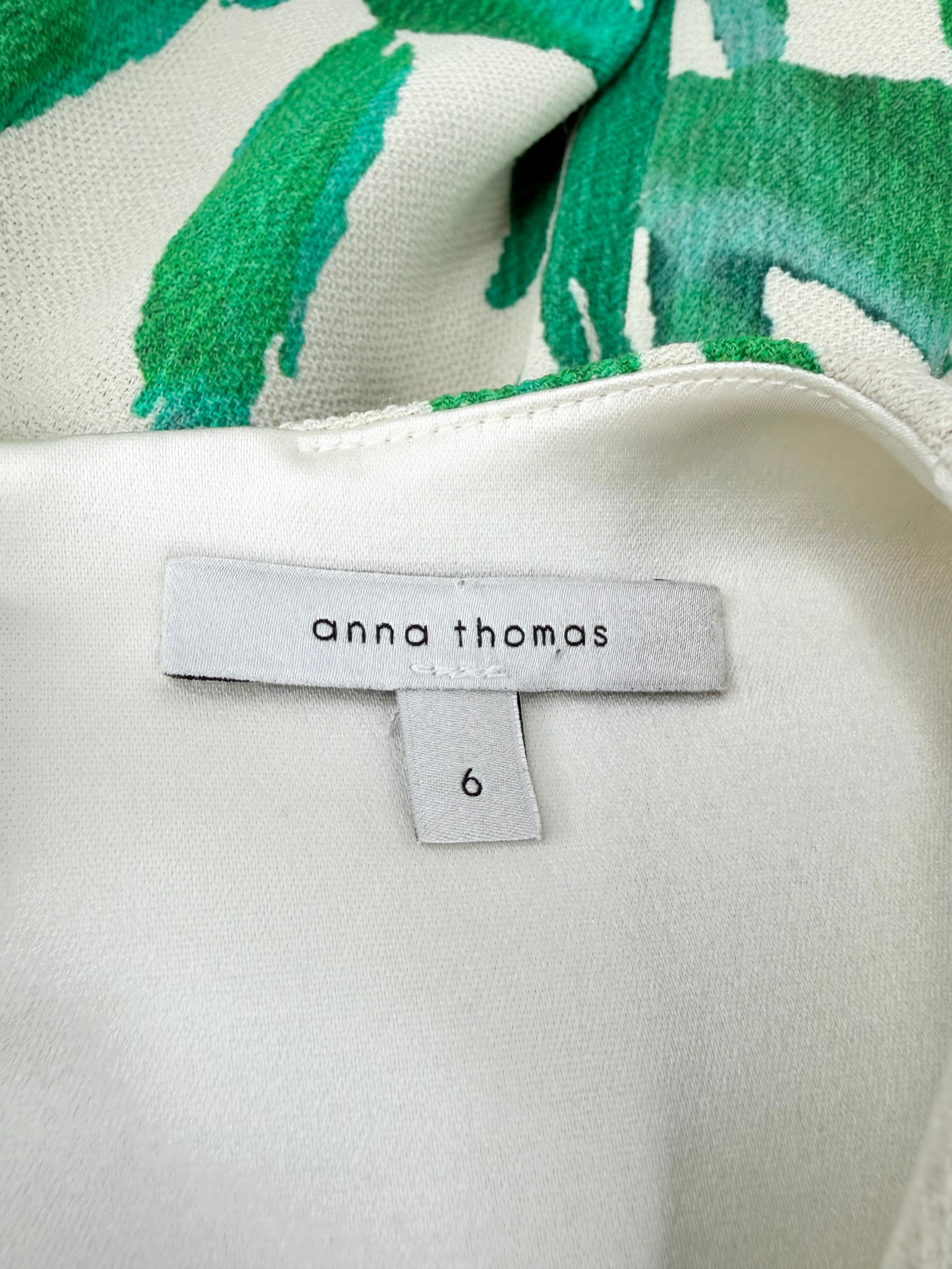 Anna Thomas Cream & Green Leaf Pattern Ramie Blend Dress - AU6/8