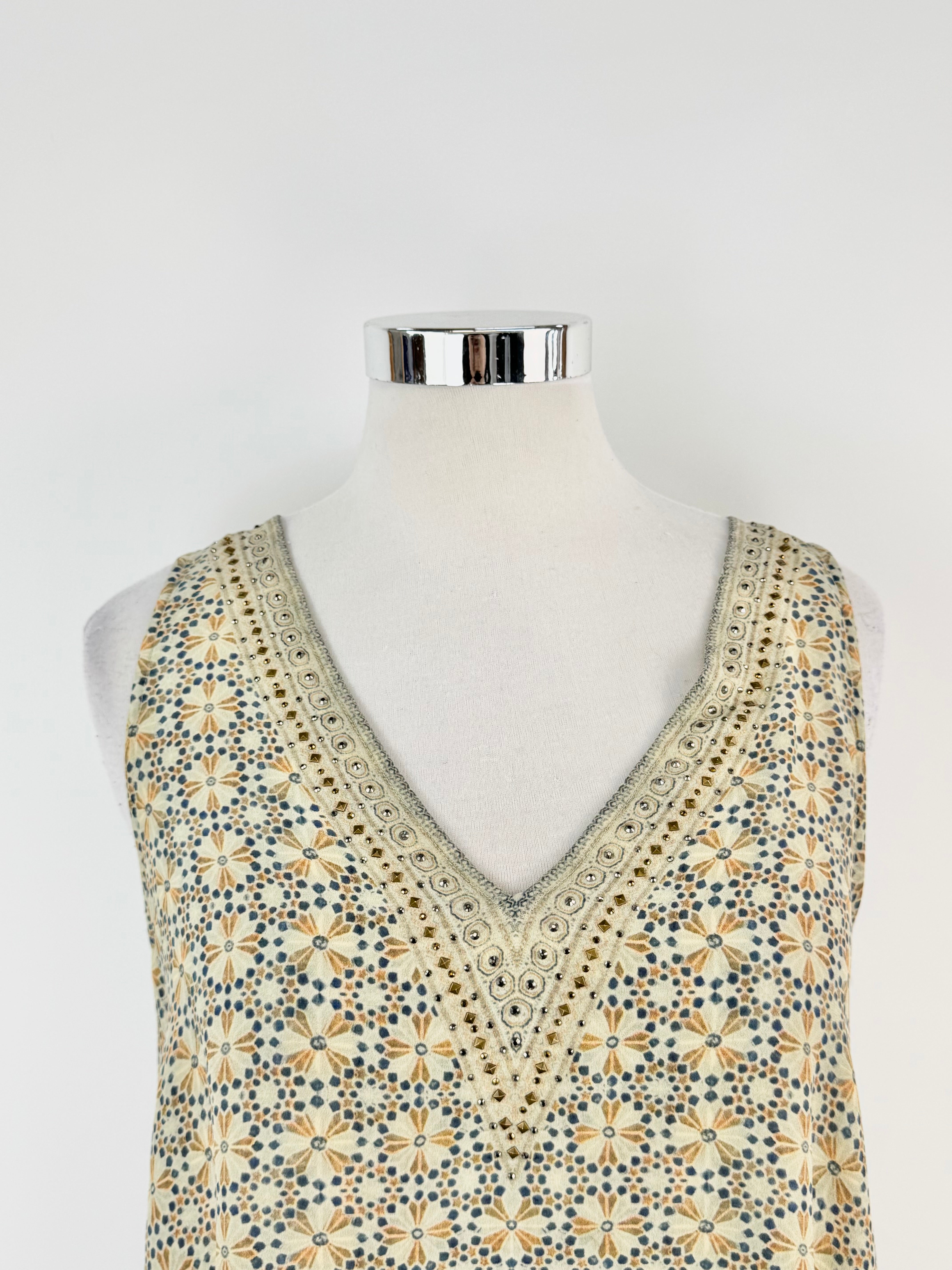 Camilla Blue & Grey Mosaic Pattern Silk Vest - AU12/14/15