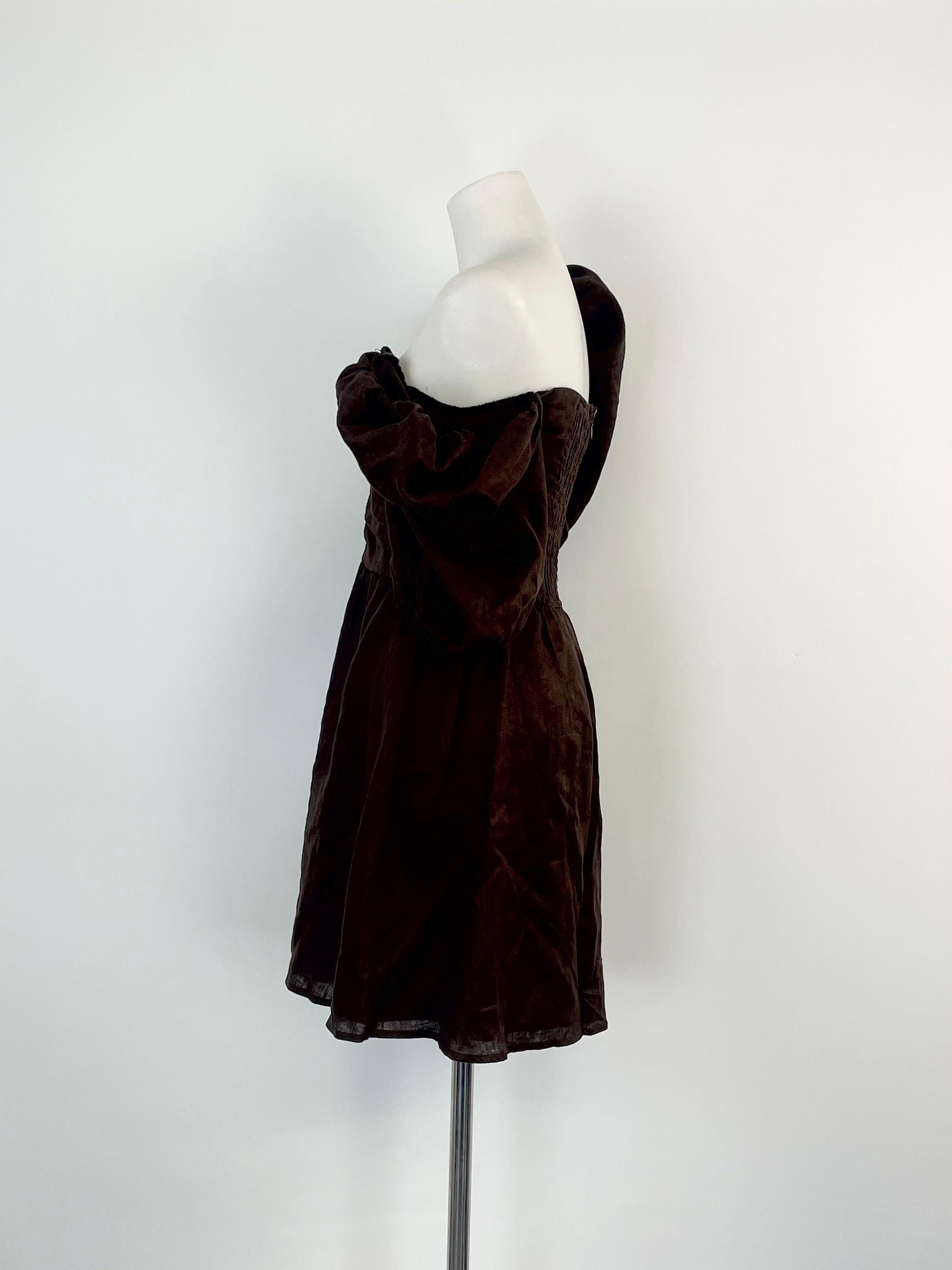 Dissh Dark Chocolate Brown 'Sweeney' Linen Puff-Shoulder Mini Dress - AU8