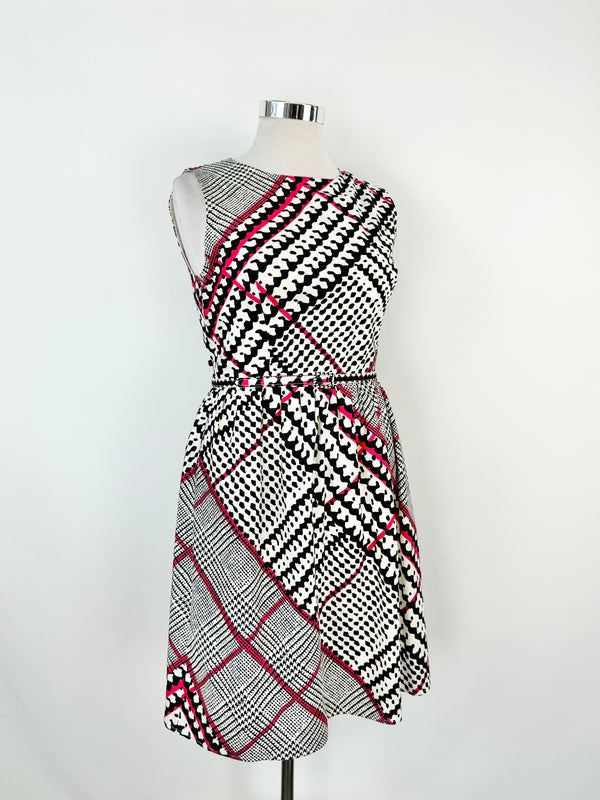 Oscar de la Renta White, Blue & Hot Pink Silk Midi Dress - AU12