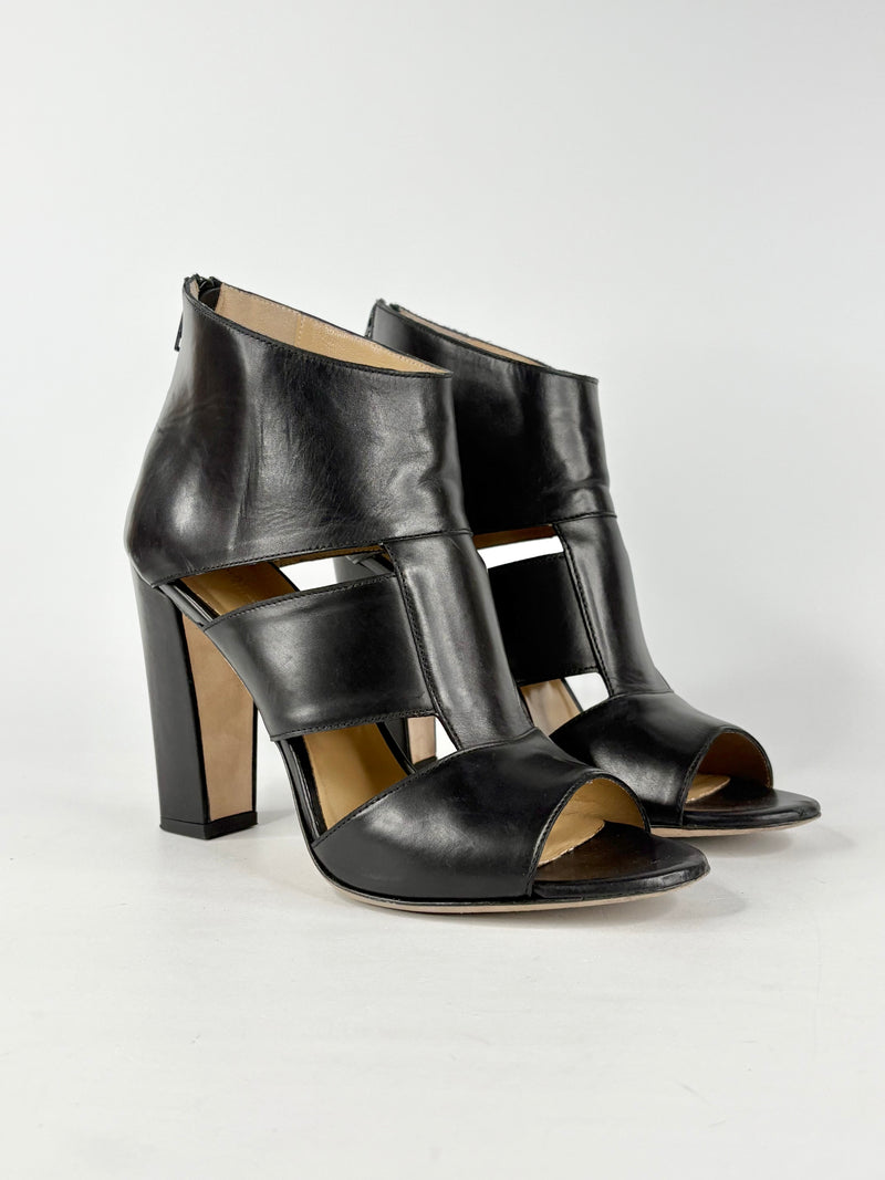 Bianca Buccheri Smooth Black Leather Open-Toe Ankle Boots - EU40