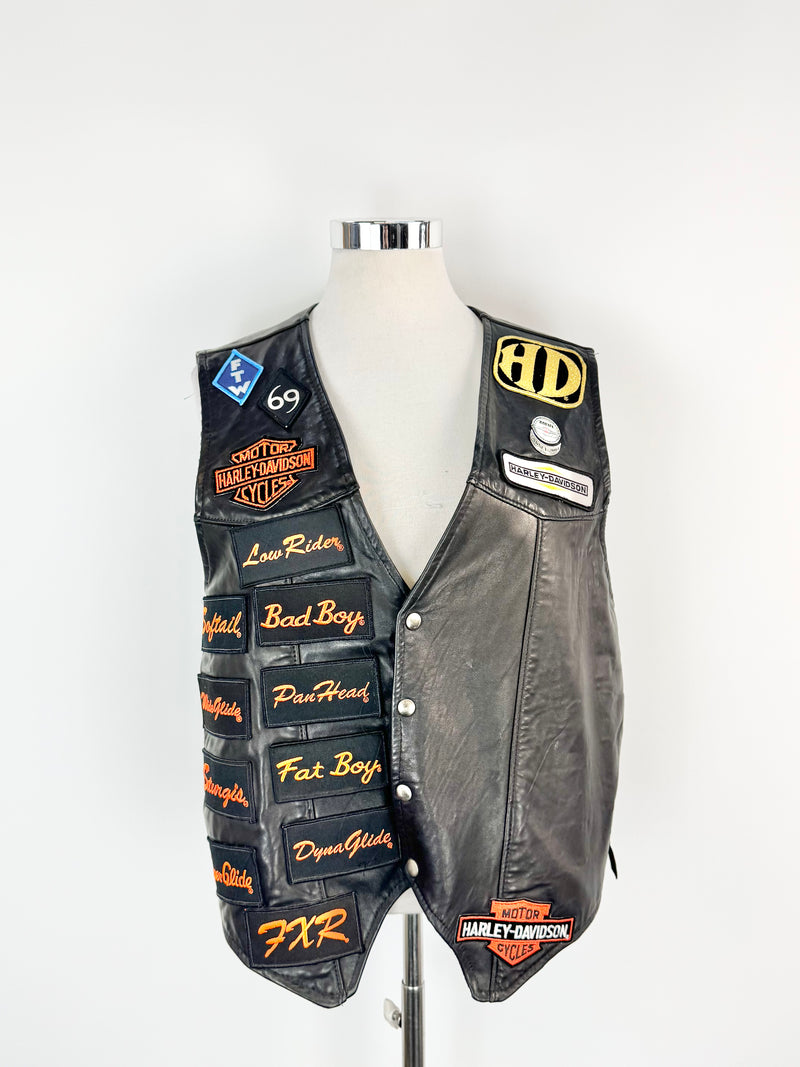 Vintage Harley Davidson Black Leather Patched Vest - XXL